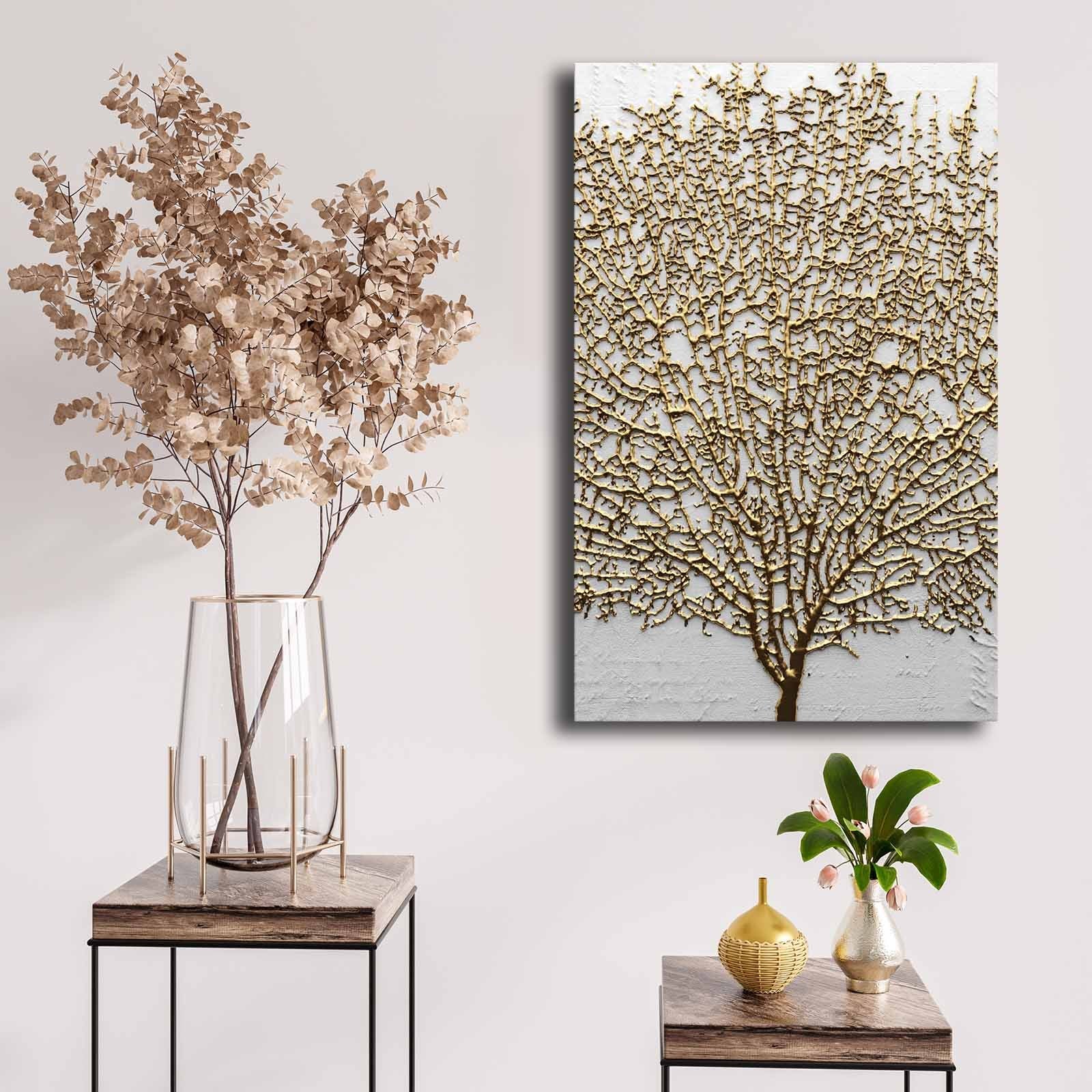 Quadro Decorativo em Tela – 45 x 70 cm – Dourado e Branco – Madeira de Pinho