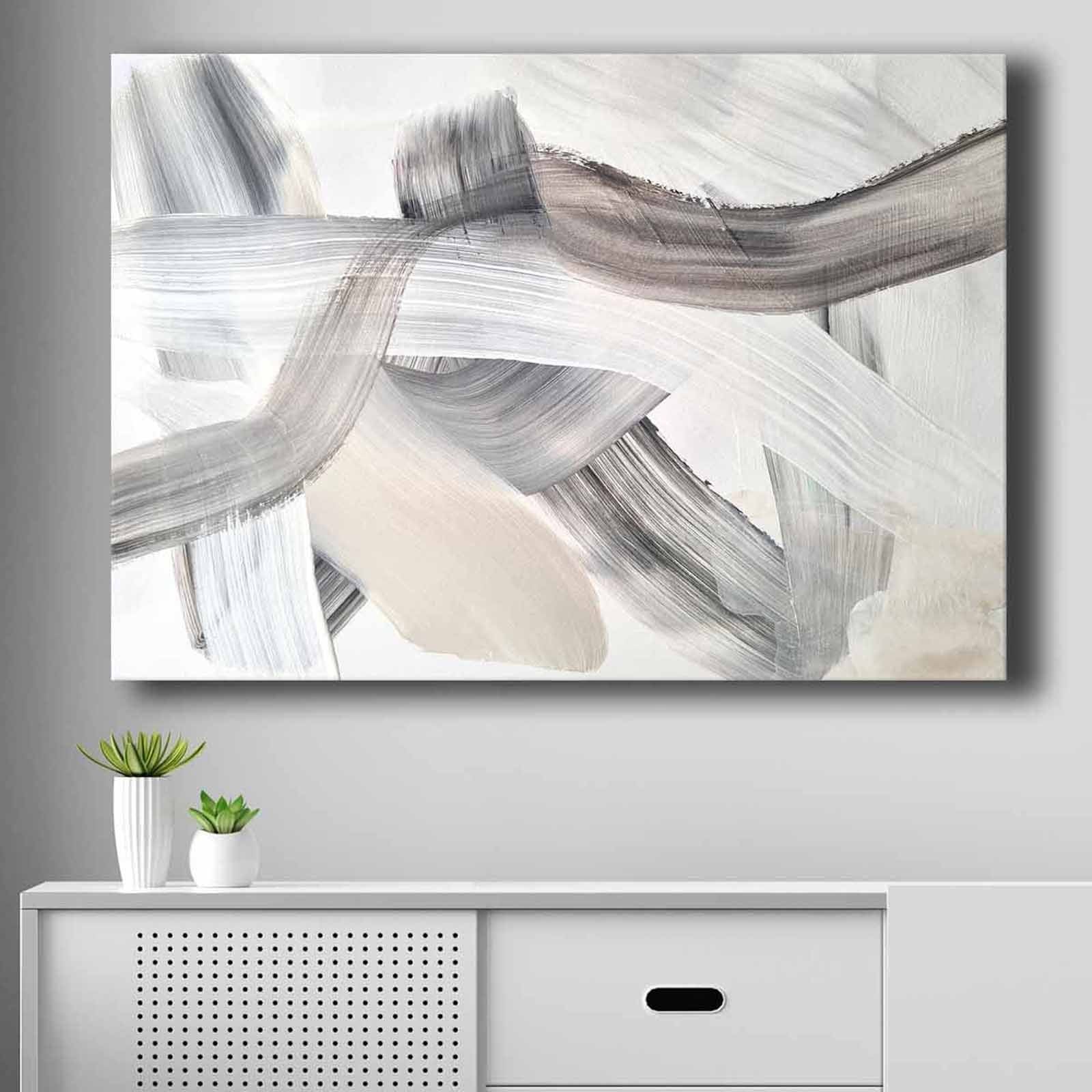 Pintura em tela decorativa – 70 x 100 cm – bege, branco e preto – 100% tela e moldura de madeira de pinho