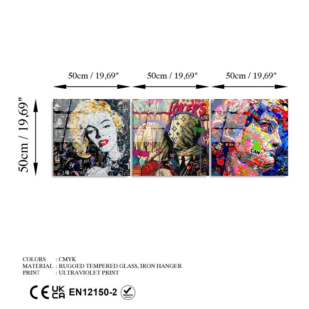 Quadro Decorativo em Vidro Temperado UV-857, 50 x 50 cm (Conjunto de 3 Peças), Multicolor, 4 mm