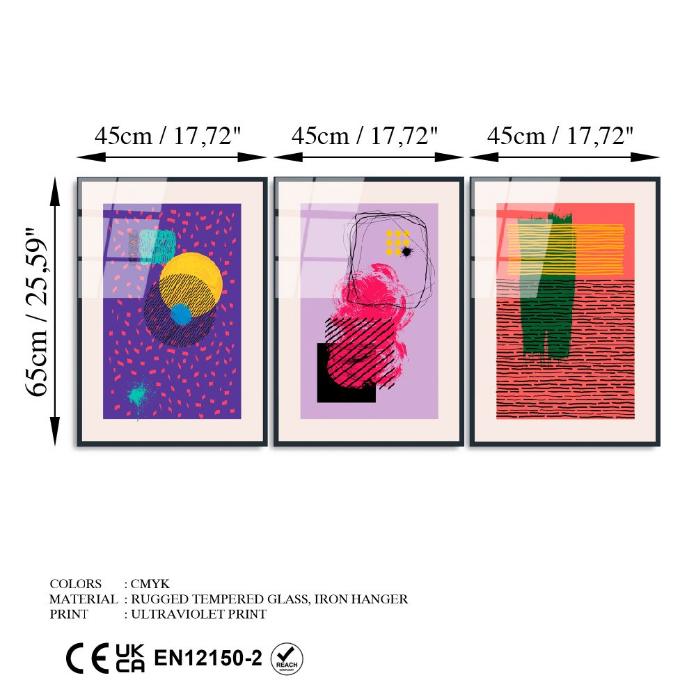 Quadro Decorativo Tripartido em 100% Vidro Temperado UV-940, Multicolor, 45 x 65 cm (cada), 4 mm