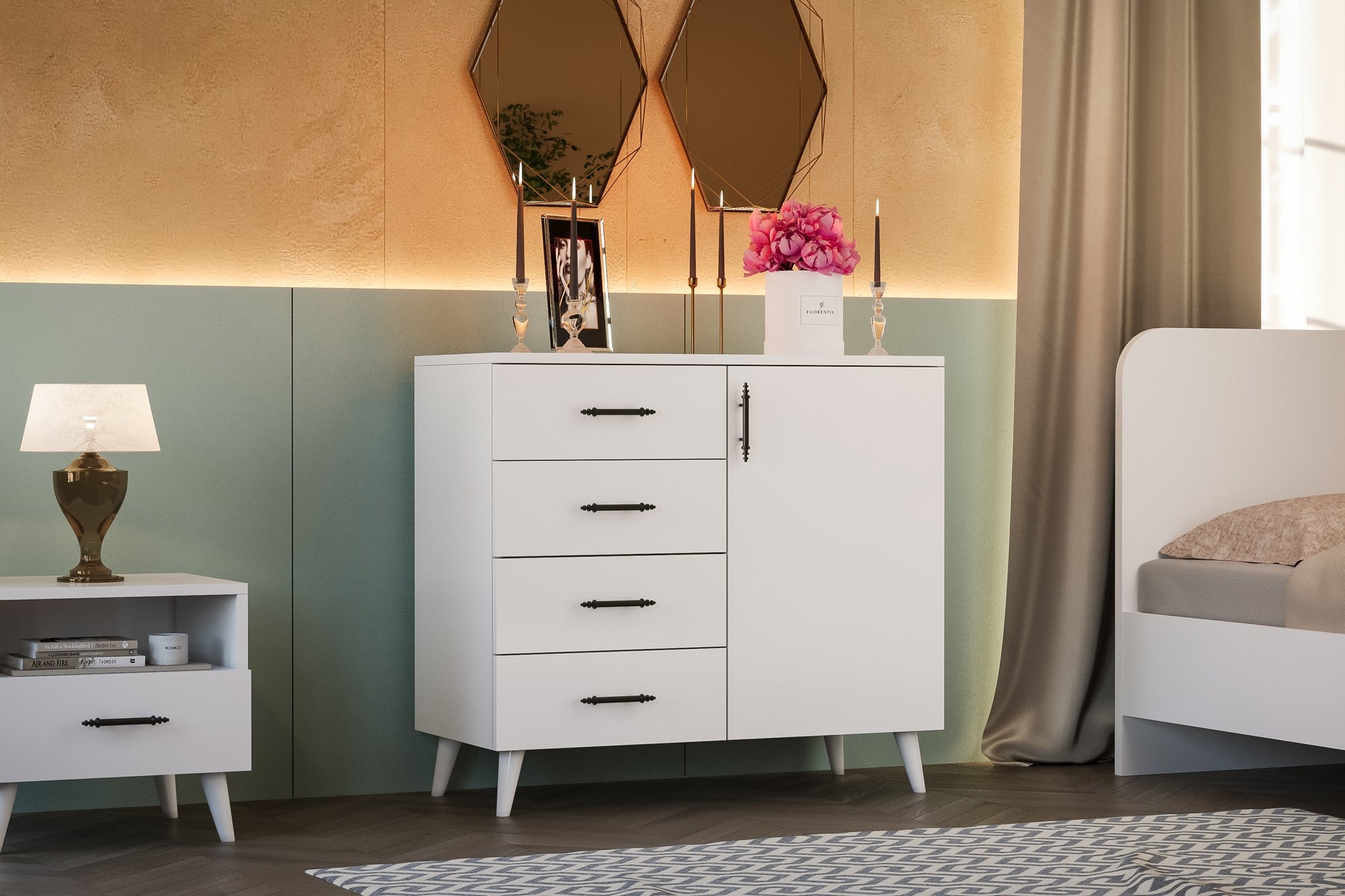 Cômoda branca elegante, 90 x 78 x 45 cm | Painel de partículas 100% revestido em melamina, 18 mm de espessura | Solução de armazenamento elegante para quartos modernos