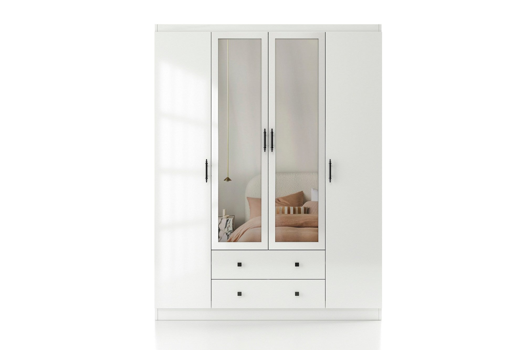 Conjunto de quarto jovem e elegante, branco, 100% aglomerado revestido em melamina | Inclui guarda-roupa, escrivaninha, cama, criado-mudo e cômoda | Design moderno