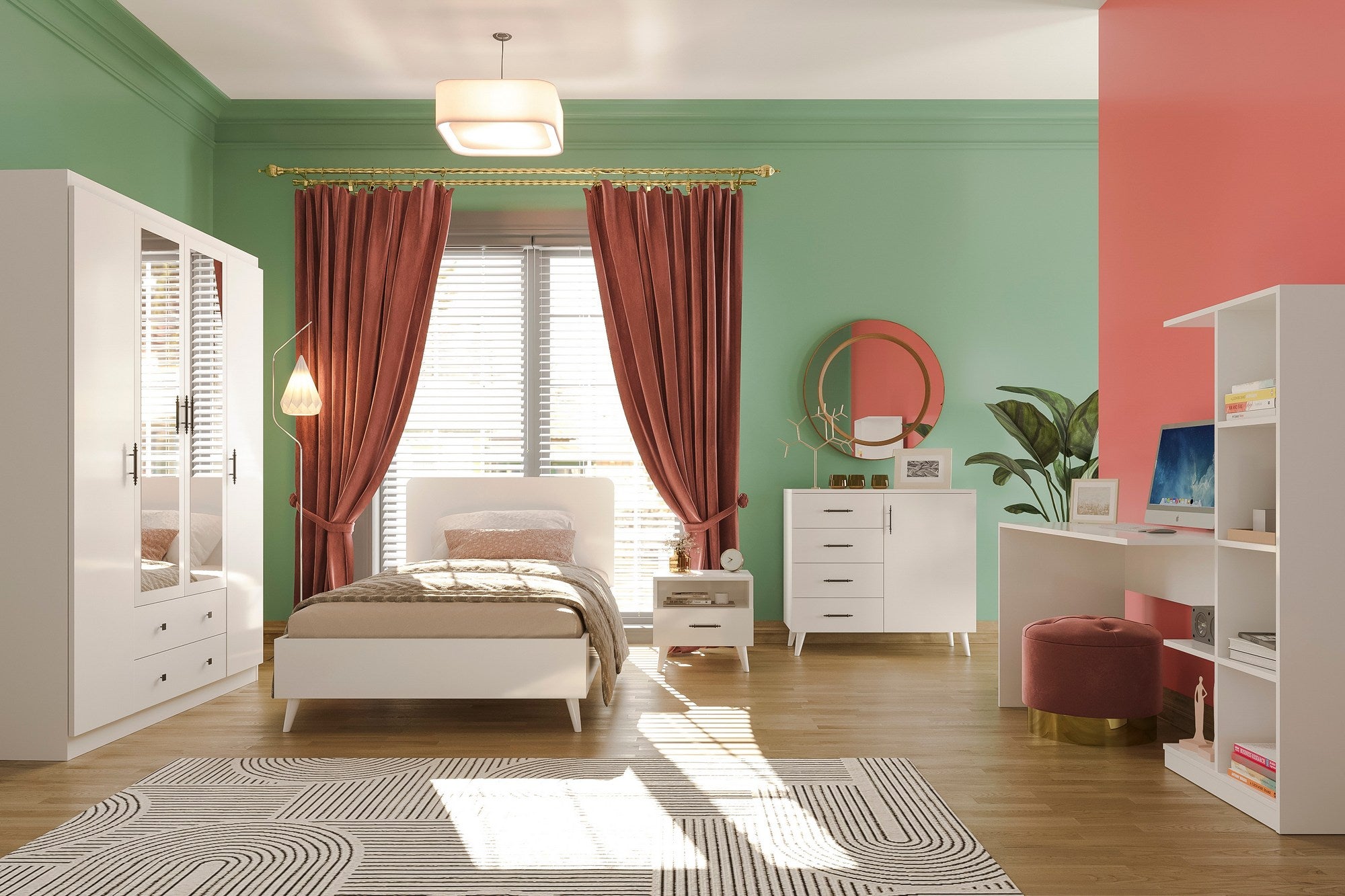 Conjunto de quarto jovem e elegante, branco, 100% aglomerado revestido em melamina | Inclui guarda-roupa, escrivaninha, cama, criado-mudo e cômoda | Design moderno