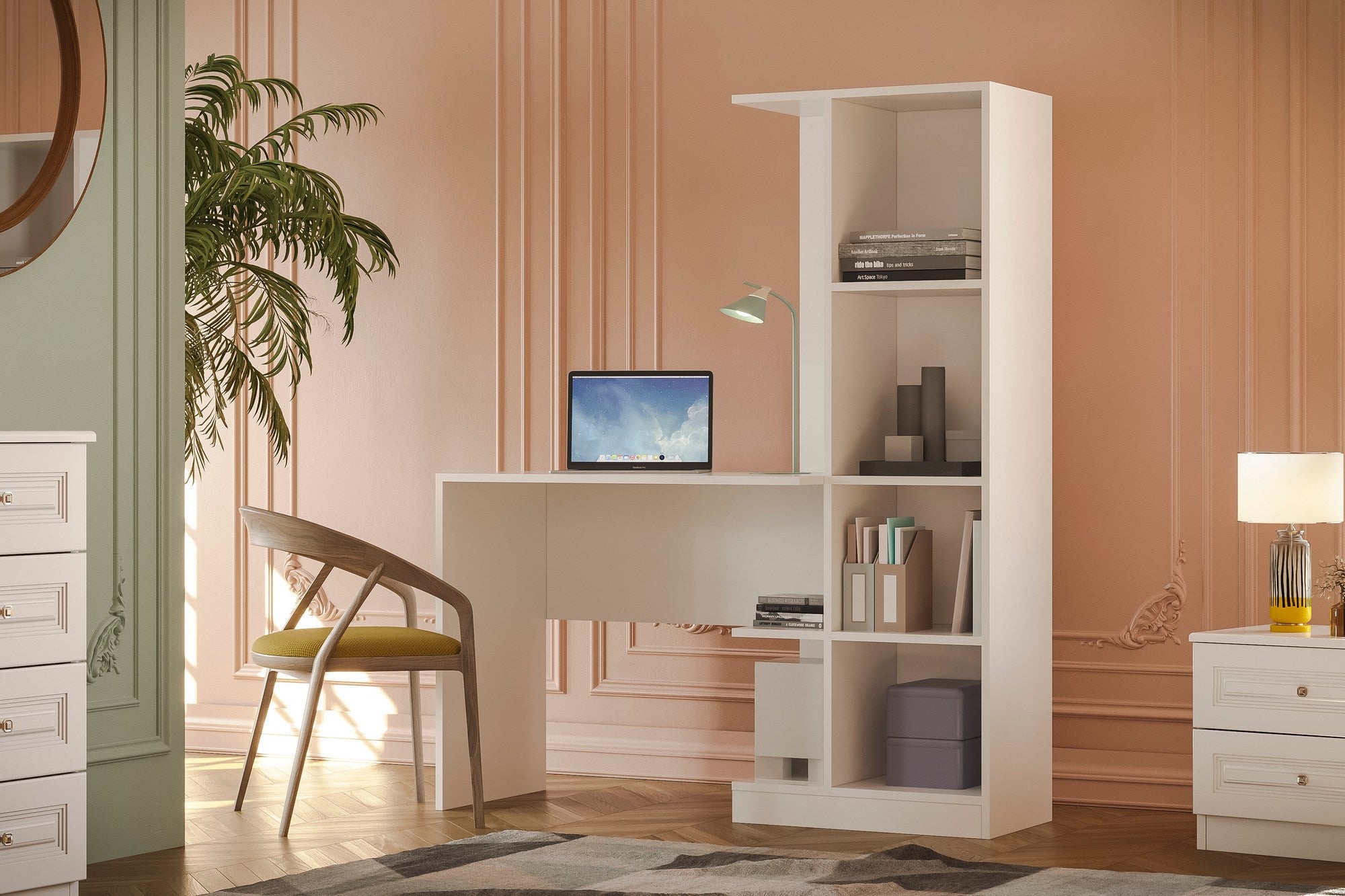 Conjunto de quarto jovem e elegante, branco | Painel de partículas 100% revestido em melamina, 18 mm de espessura | Inclui guarda-roupa, escrivaninha, estrado de cama, criado-mudo e cômoda