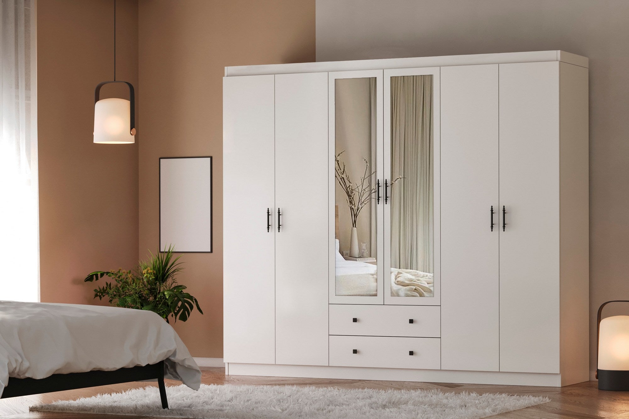 Guarda-roupa branco elegante, 210 x 186 x 50 cm | Painel de partículas 100% revestido em melamina, 18 mm de espessura | Perfeito para quartos modernos e soluções de armazenamento