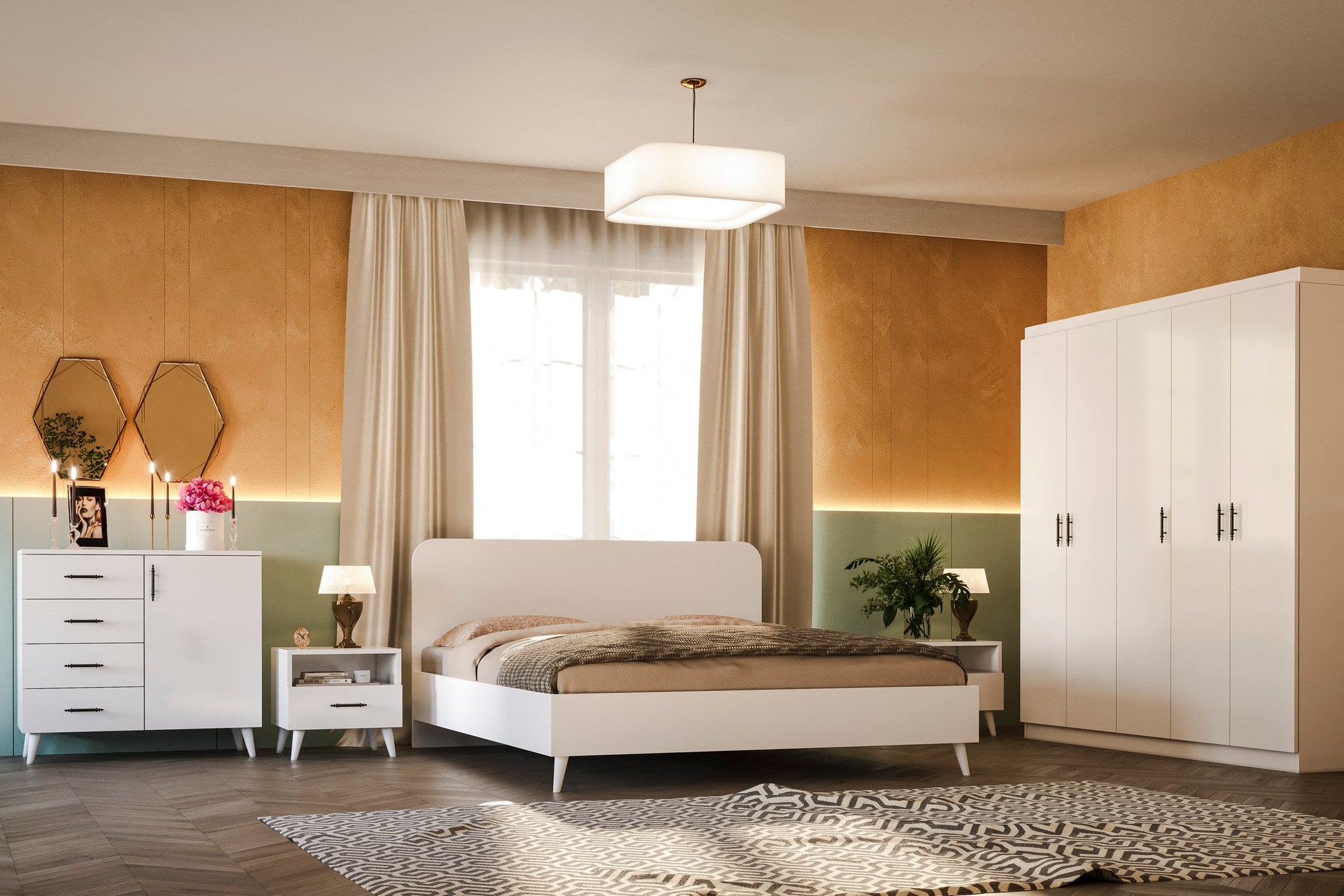 Conjunto de quarto elegante branco, 100% aglomerado revestido em melamina, inclui guarda-roupa, estrado, mesa de cabeceira e cômoda | Design moderno, durável e elegante