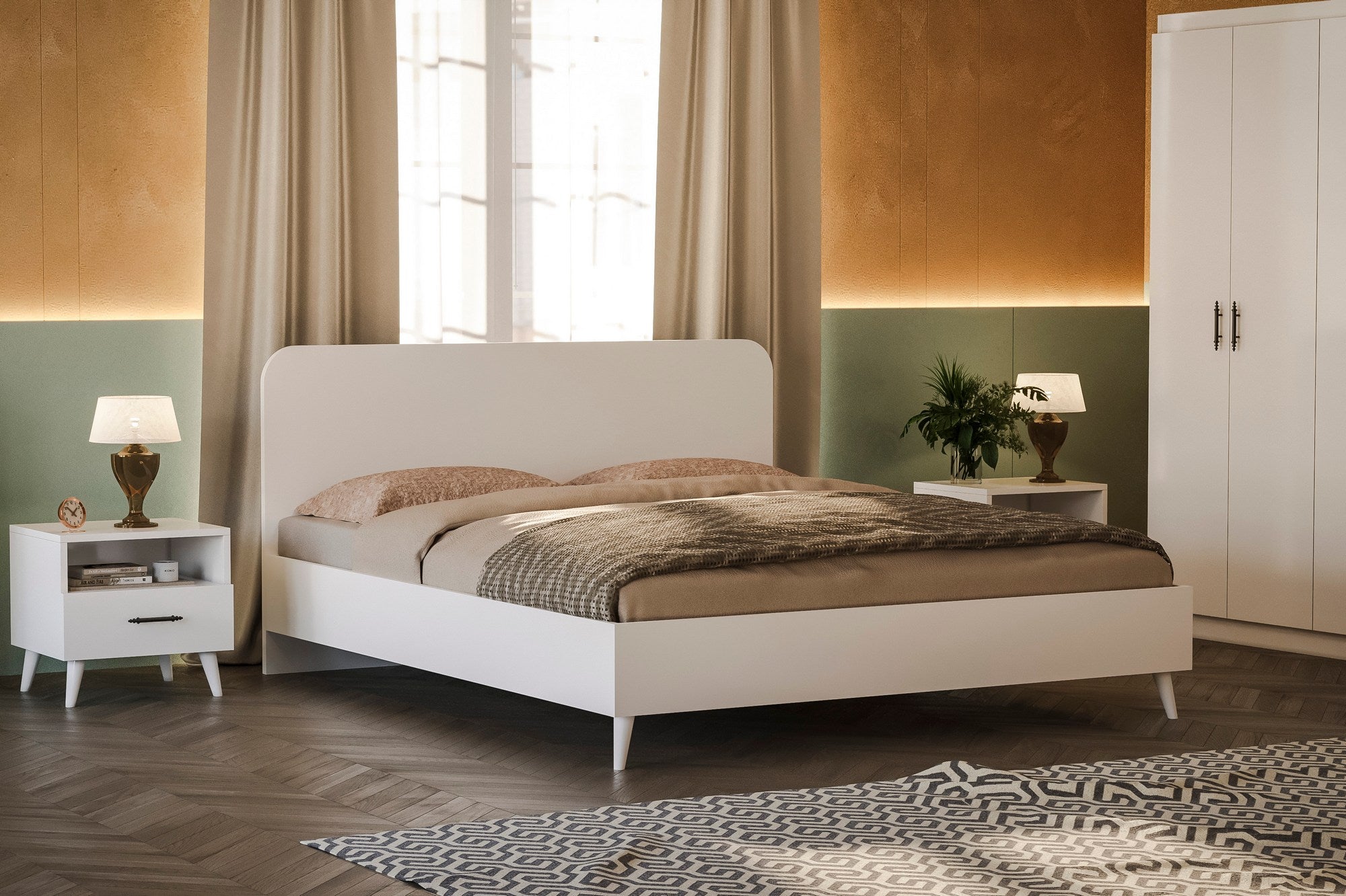 Conjunto de quarto elegante branco, 100% aglomerado revestido em melamina, inclui guarda-roupa, estrado, mesa de cabeceira e cômoda | Design moderno, durável e elegante