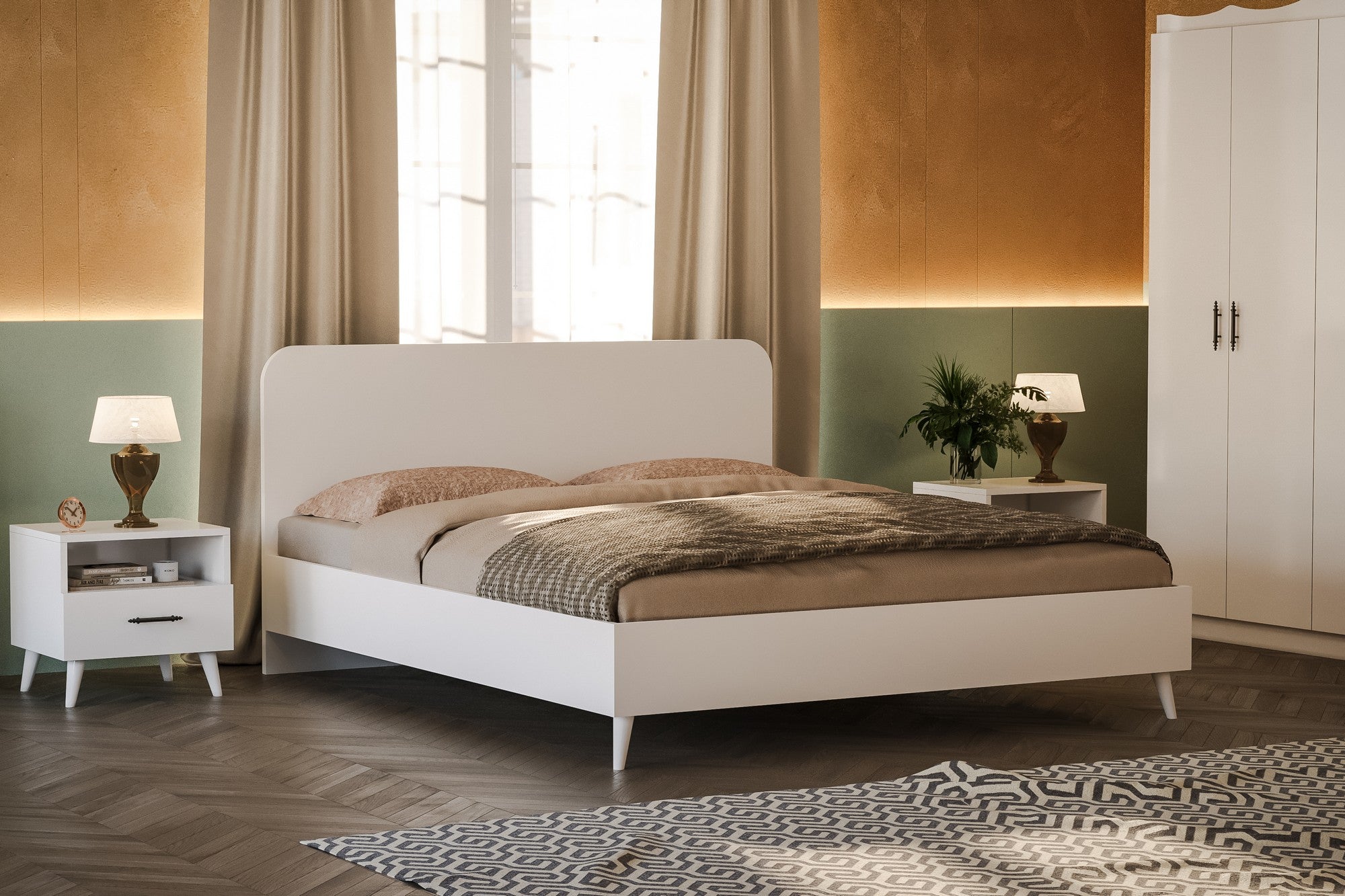 Conjunto de quarto elegante branco, 100% aglomerado revestido em melamina | Guarda-roupa (175x182x50), Cama (162x90x207), Mesa de cabeceira (45x47x38), Cômoda (90x78x41) | Design moderno e elegante