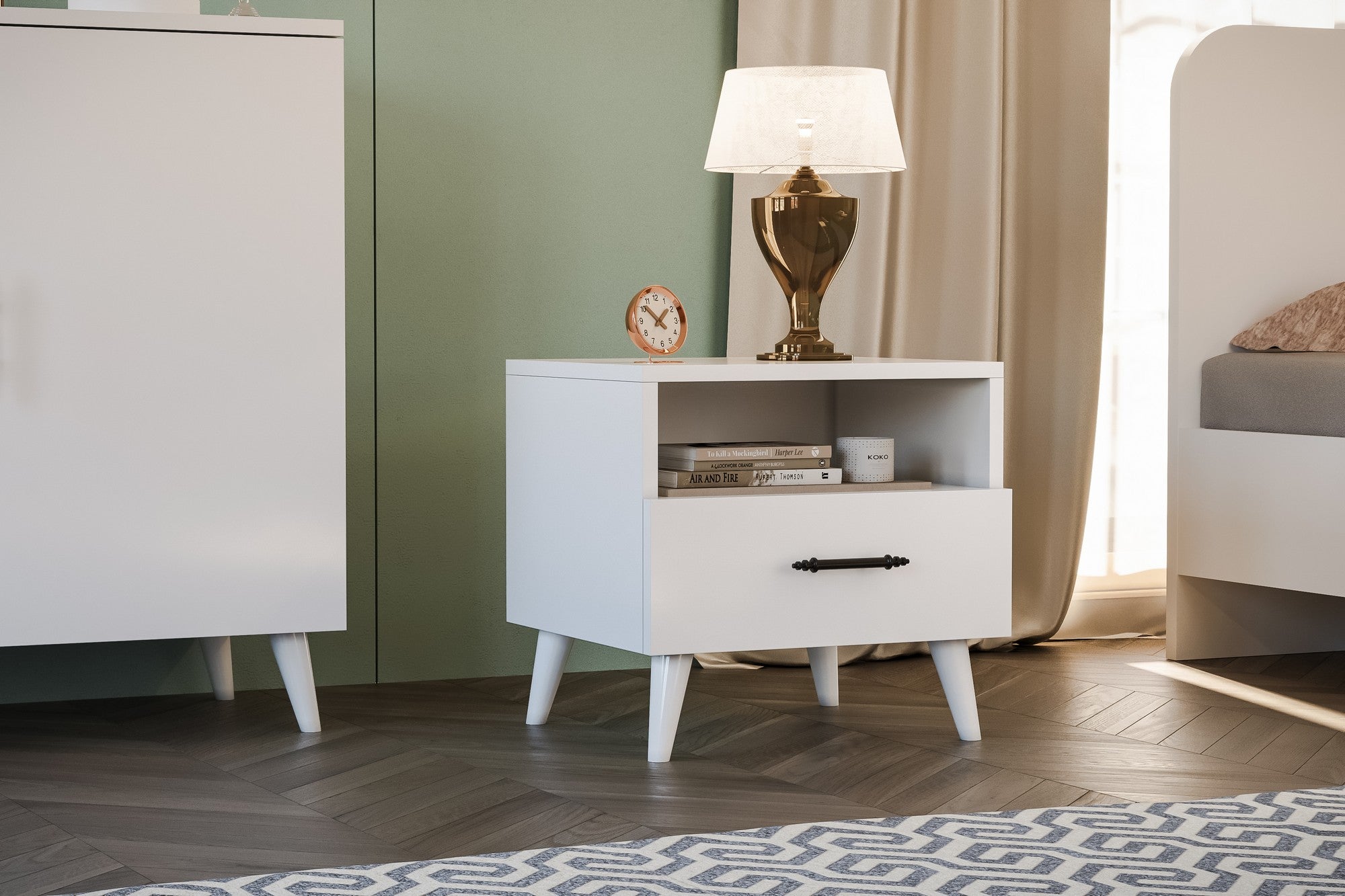 Conjunto de quarto elegante branco, 100% aglomerado revestido em melamina | Guarda-roupa (175x182x50), Cama (162x90x207), Mesa de cabeceira (45x47x38), Cômoda (90x78x41) | Design moderno e elegante