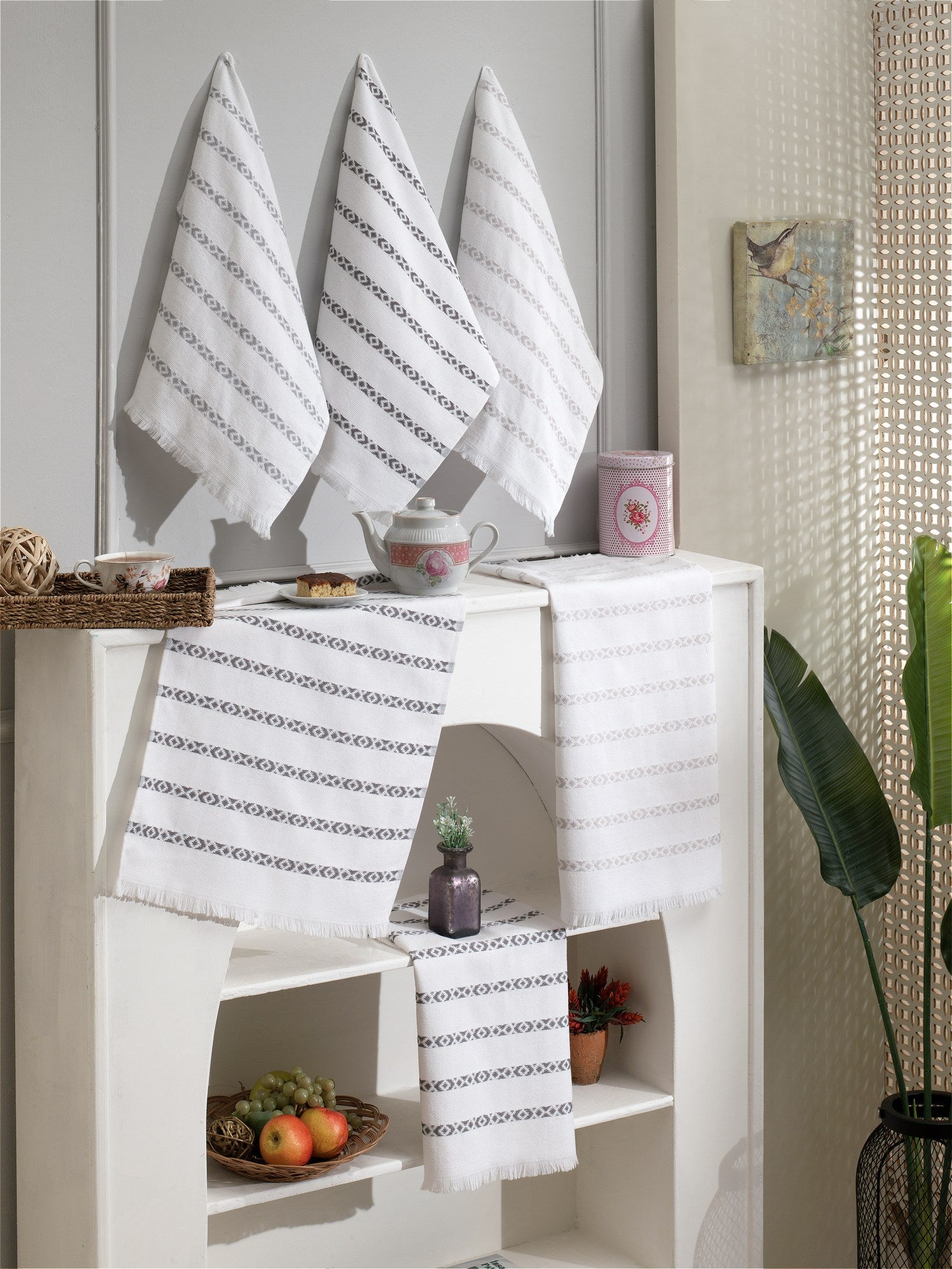 Conjunto de panos de cozinha – 50 x 70 cm – Branco, Cinza, Preto – Algodão