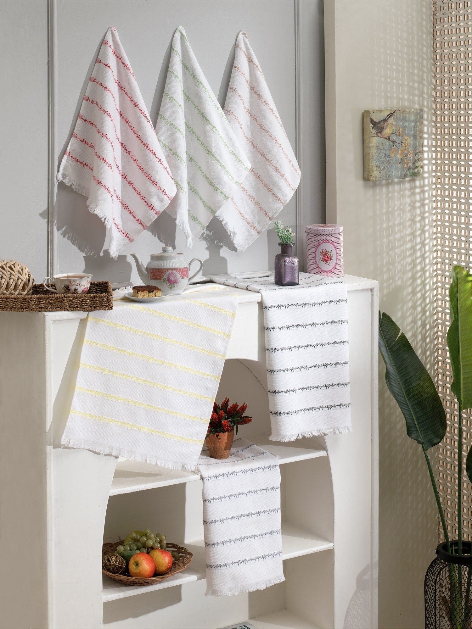 Conjunto de toalhas de cozinha – 50 x 70 cm – Branco, Cinza, Verde, Amarelo, Vermelho – 100% algodão