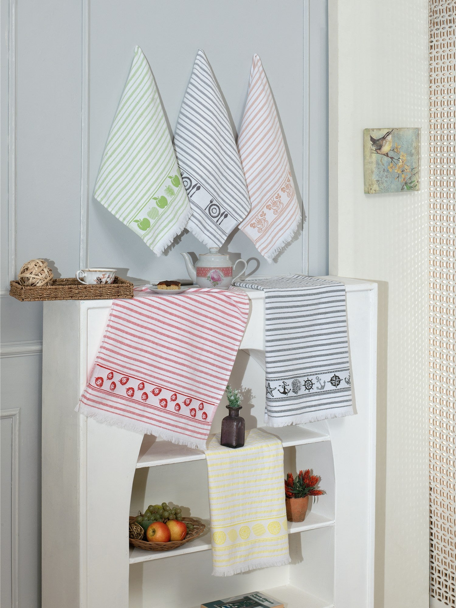 Conjunto de toalhas de cozinha – 50 x 70 cm – Branco, Cinza, Verde, Laranja, Vermelho – Algodão