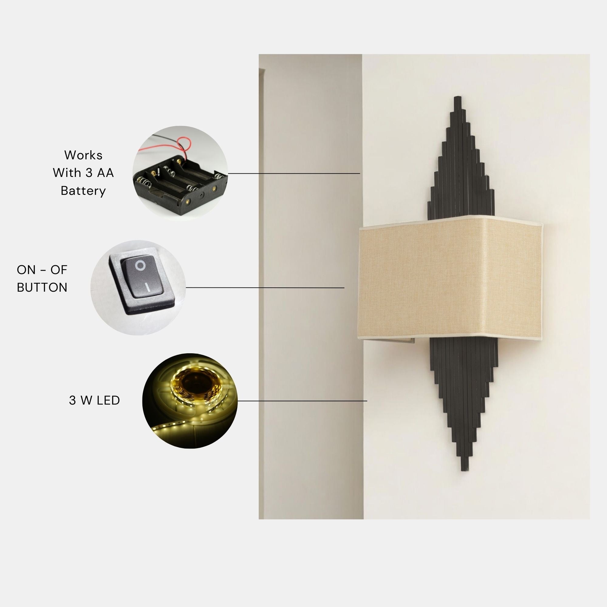 Candeeiro de Parede – 65 cm – Preto e Creme – Metal