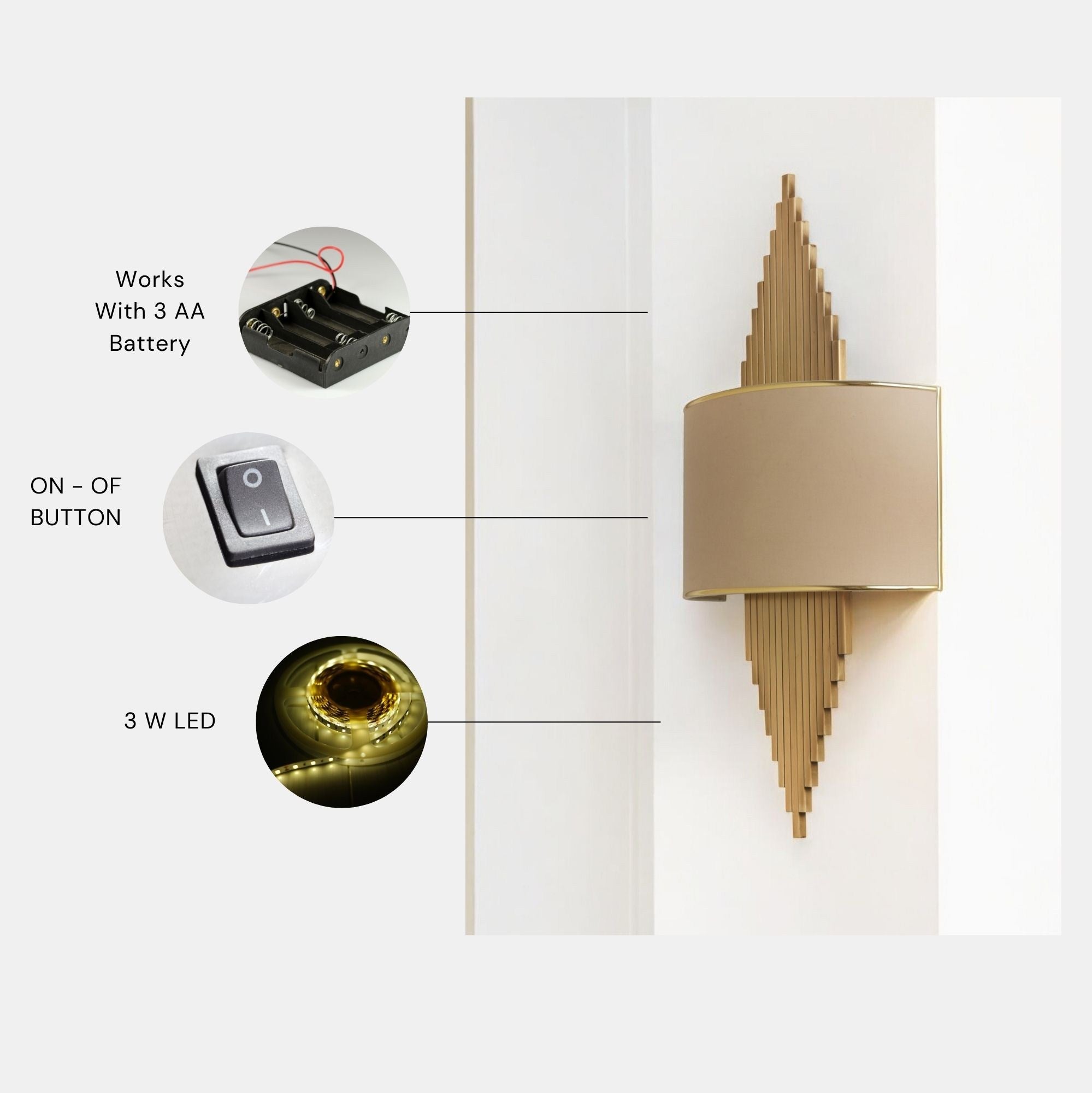 Candeeiro de Parede – 65 cm – Dourado e Bege – Metal e Tecido