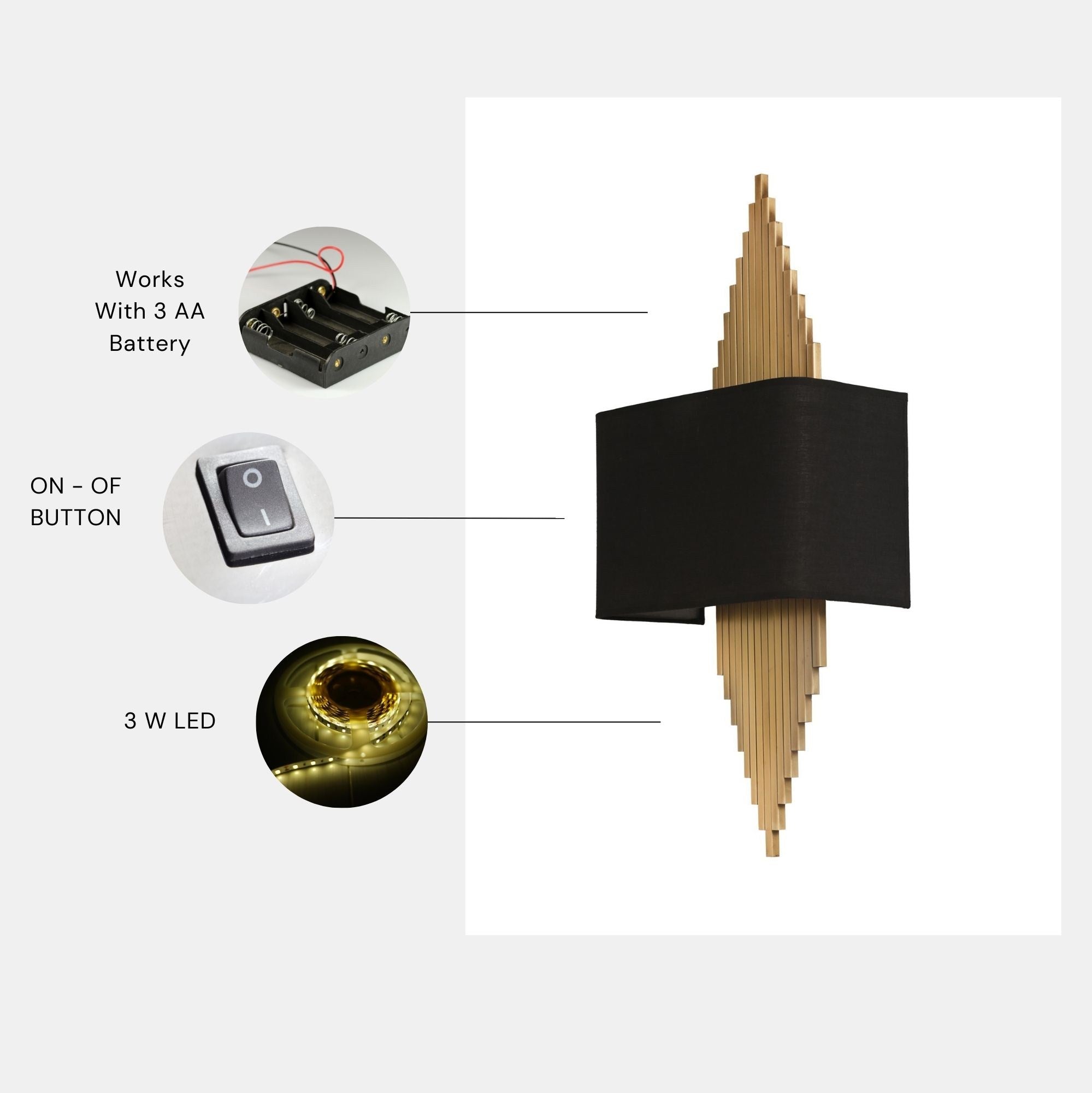 Candeeiro de Parede – 65cm – Dourado e Preto – Metal