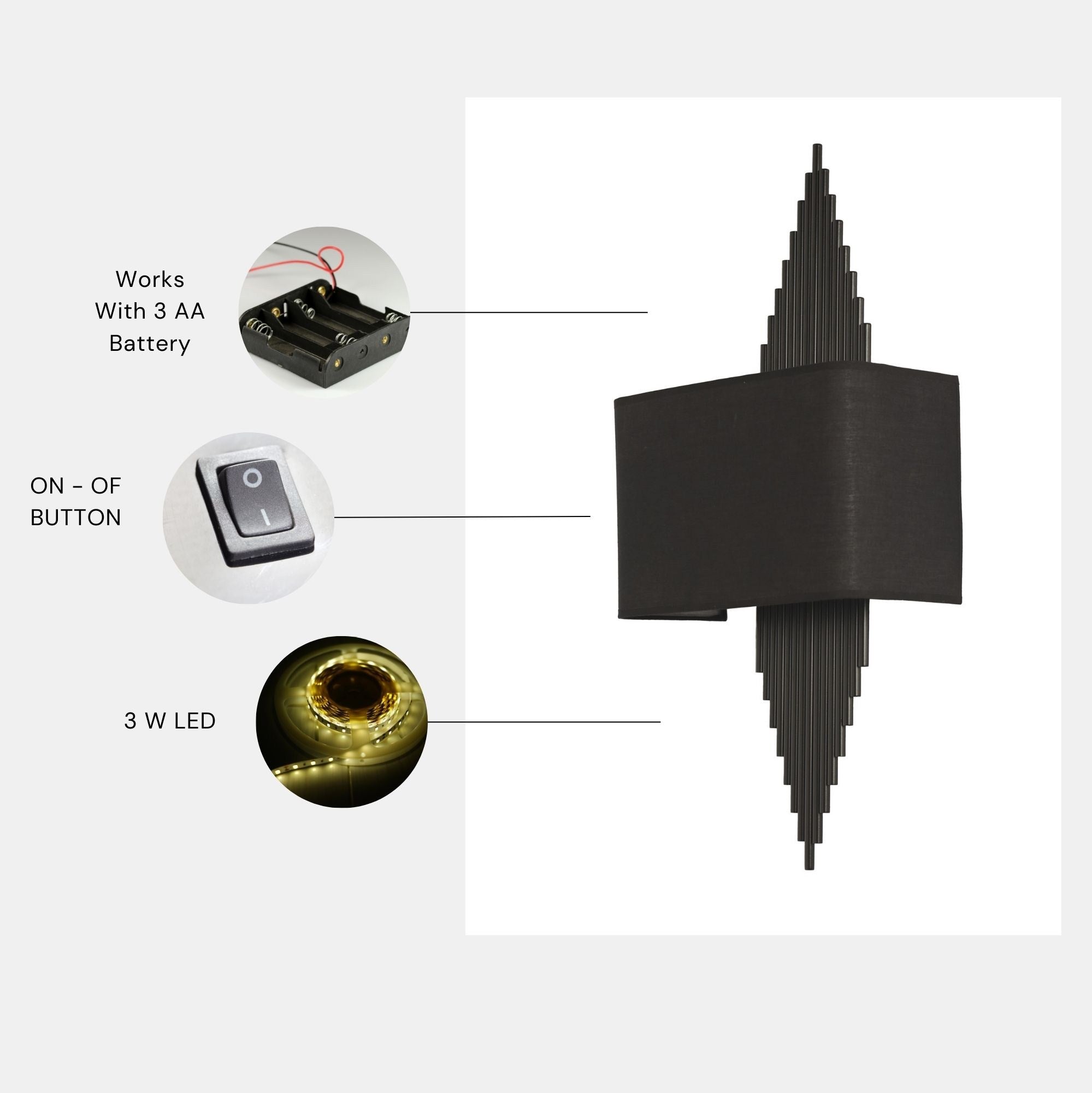 Candeeiro de Parede – 65 cm – Preto – Metal e Tecido