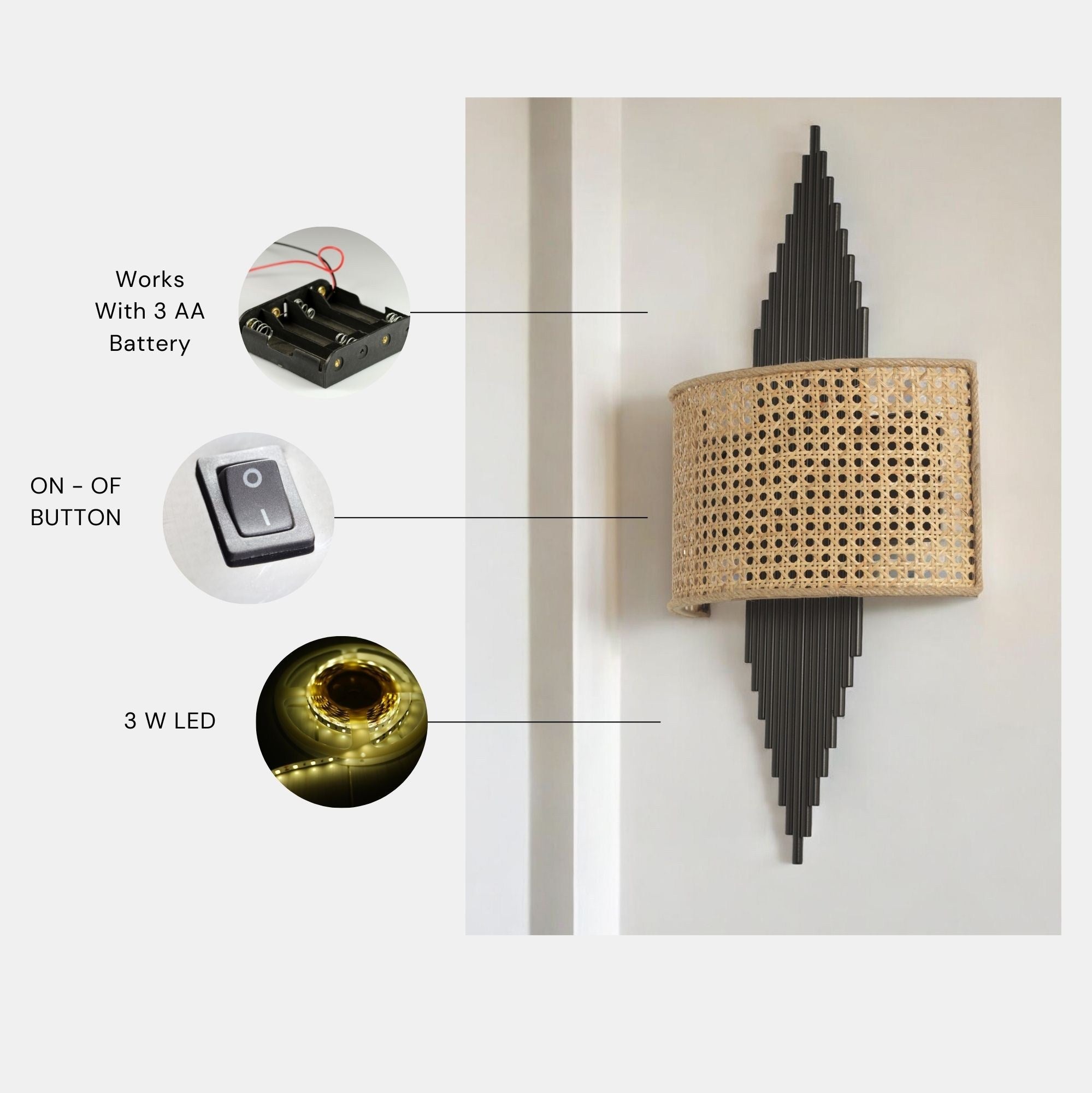 Candeeiro de Parede – 65 cm – Preto e Bege – Metal e Tecido