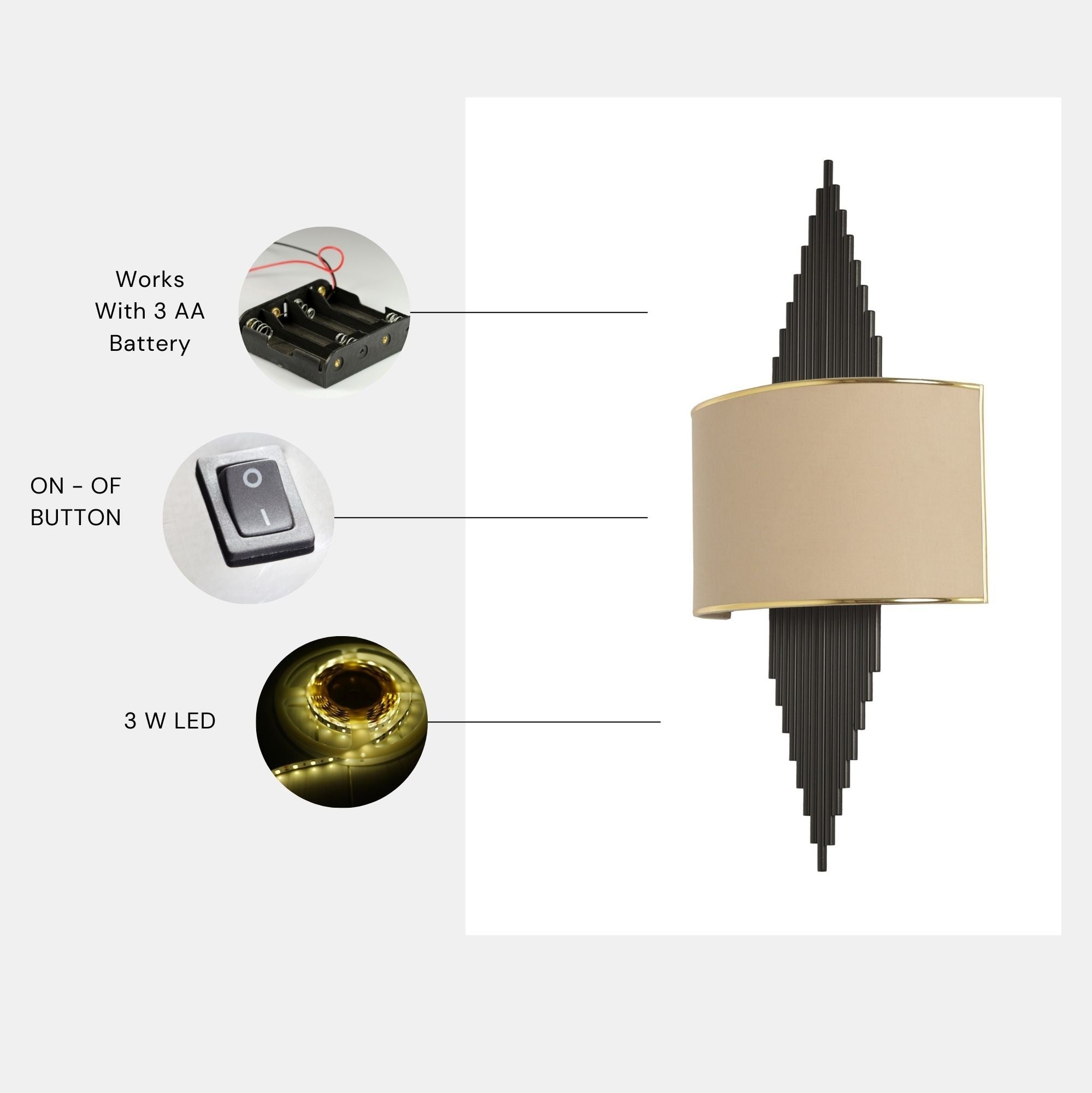 Candeeiro de Parede – 65 cm – Preto e Bege – Metal e Tecido