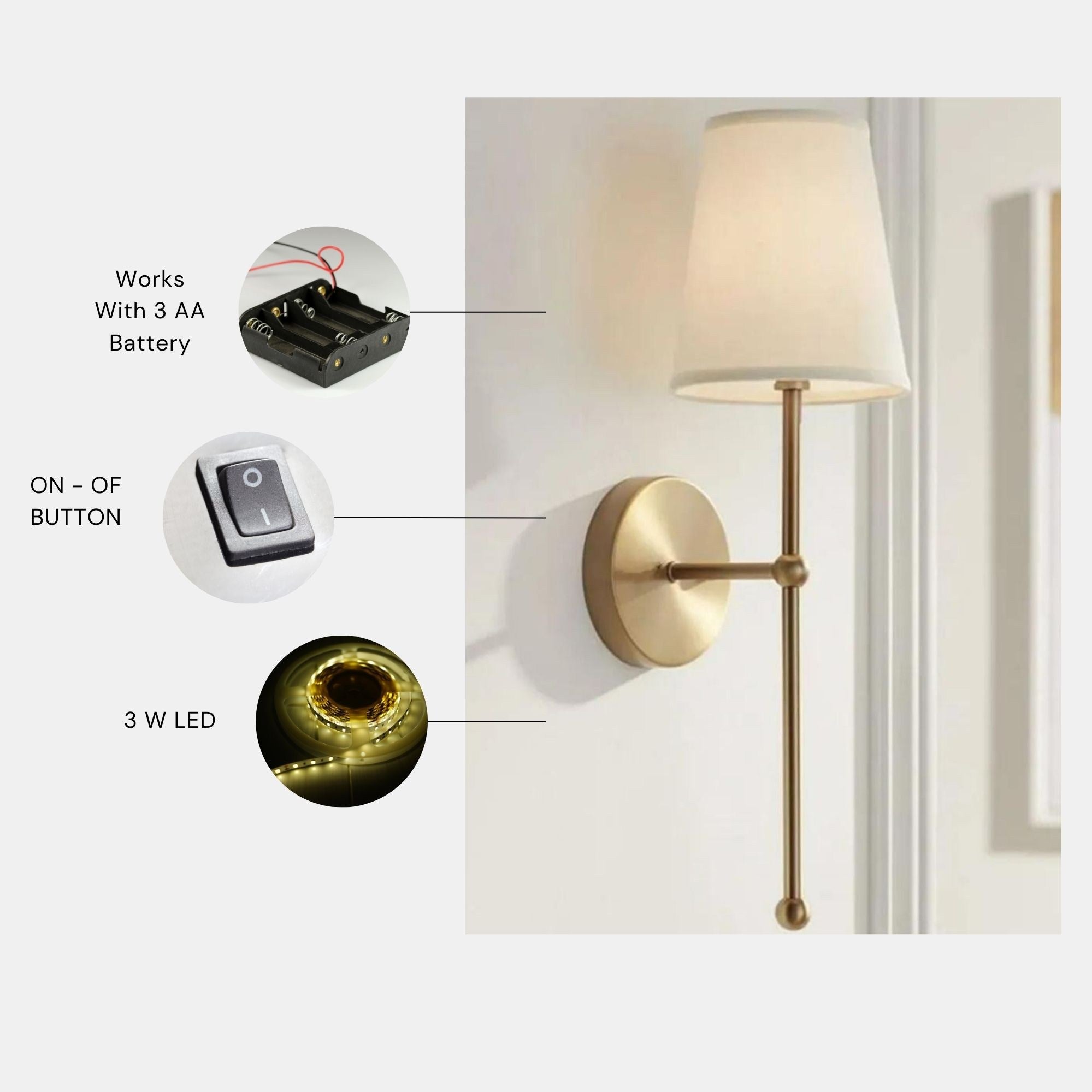 Candeeiro de Parede – 60 cm – Dourado e Creme – Metálico e Tecido