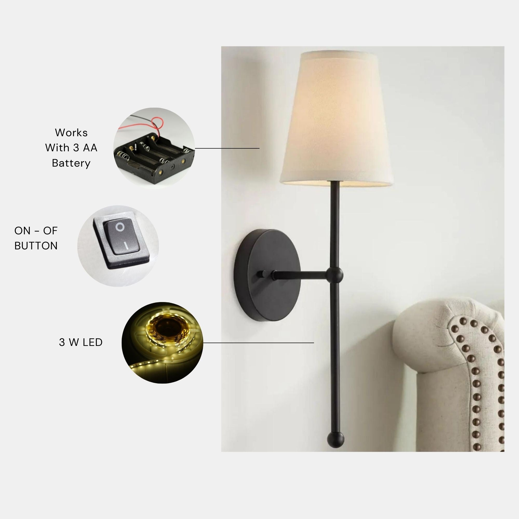 Candeeiro de Parede – 60 cm – Preto e Creme – Metálico e Tecido