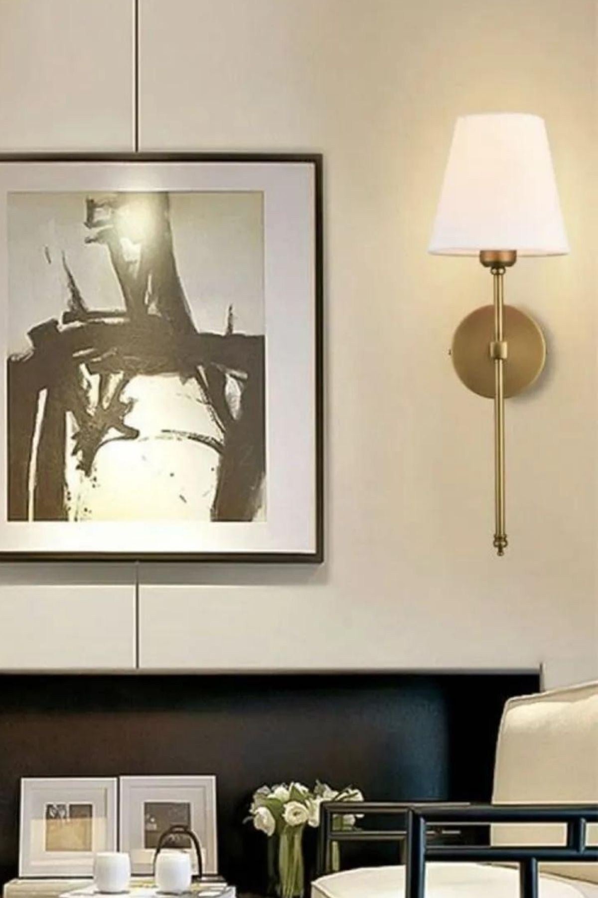 Candeeiro de Parede – 60 cm – Dourado e Creme – Metálico e Tecido