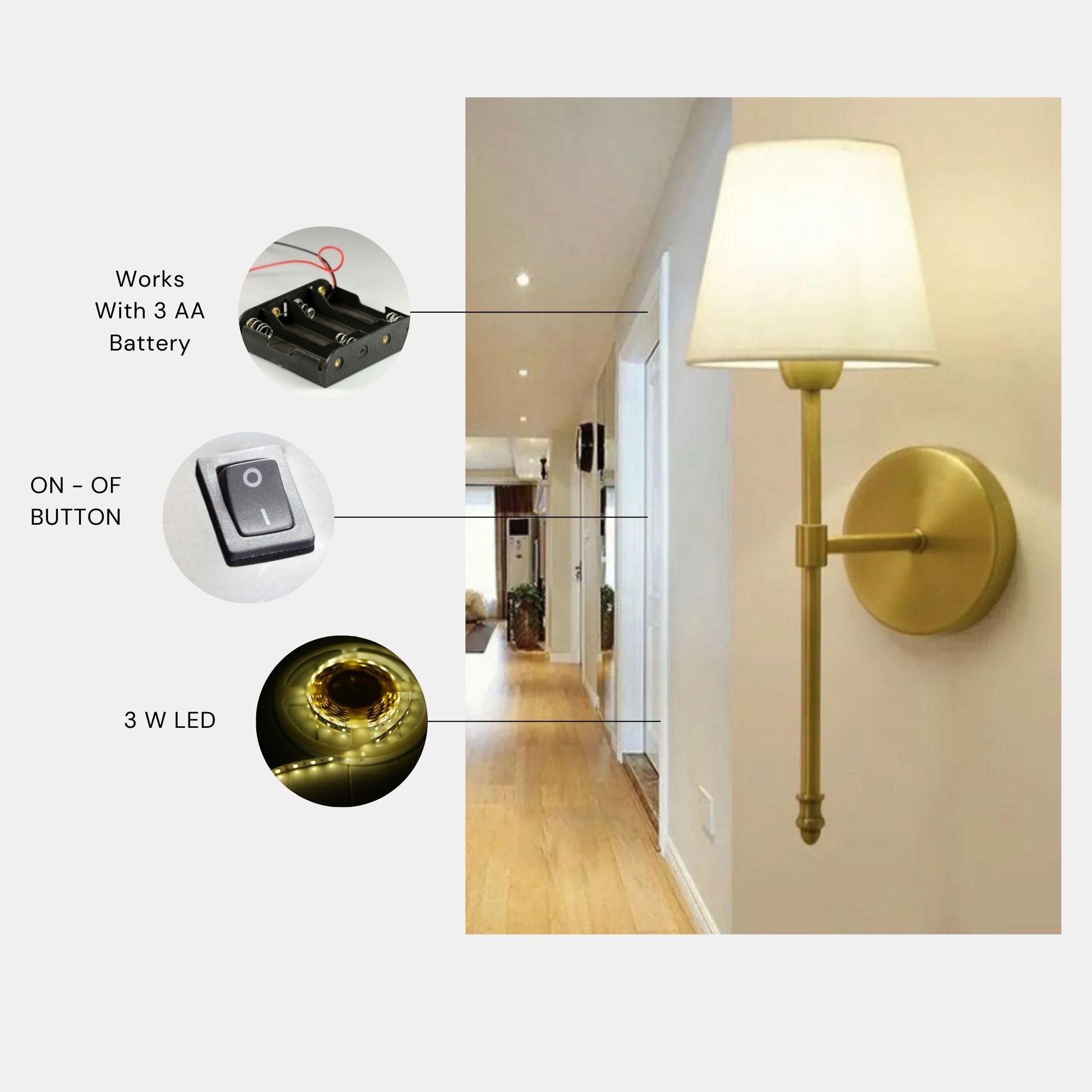 Candeeiro de Parede – 60 cm – Dourado e Creme – Metálico e Tecido