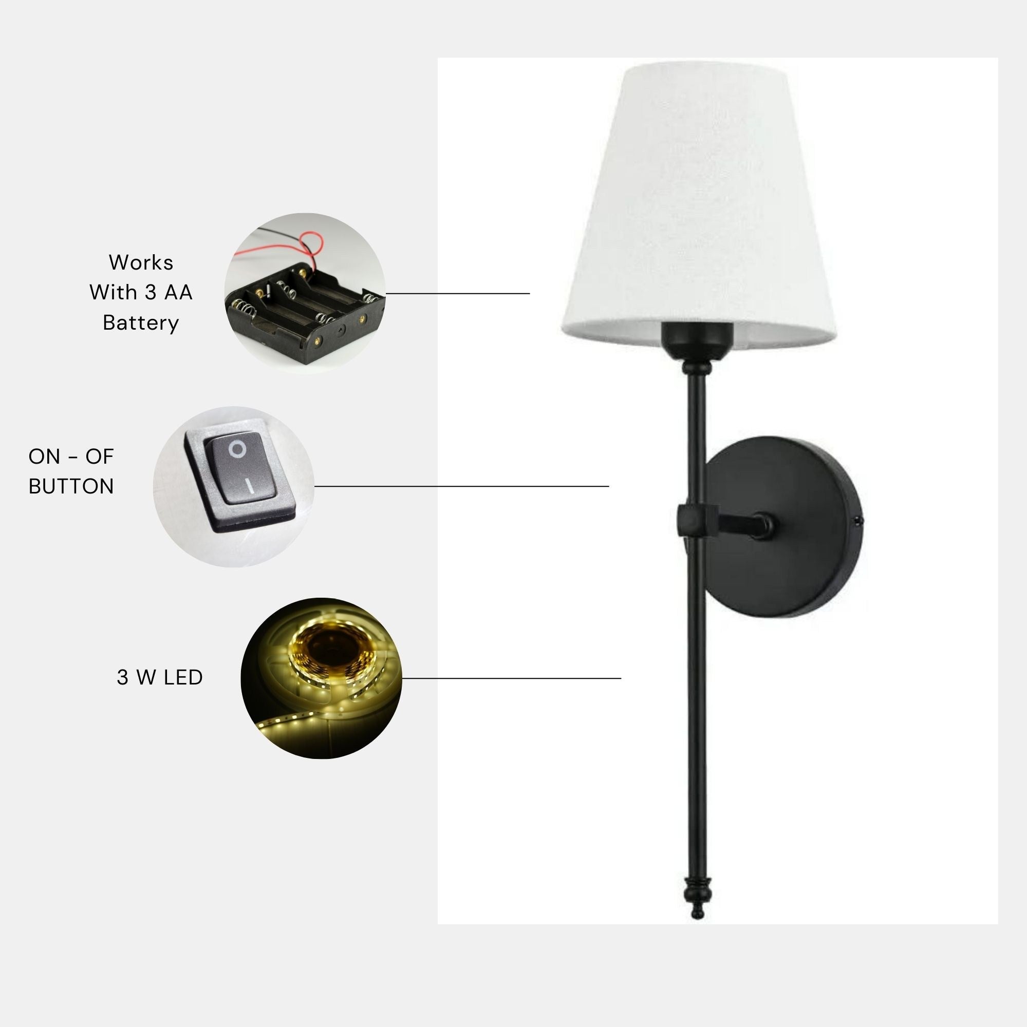 Candeeiro de Parede – 60 cm – Preto e Creme – Metal e Tecido