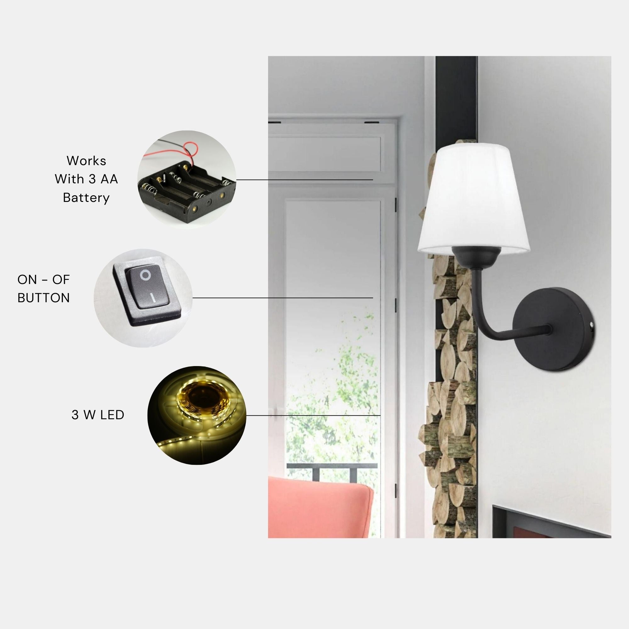 Candeeiro de Parede – 32 cm – Preto e Branco – Metálico com Tecido