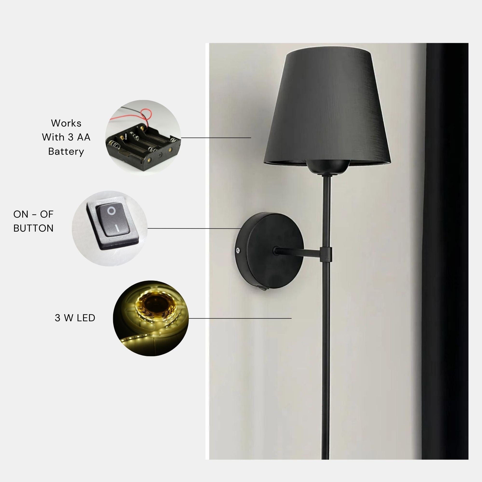 Candeeiro de Parede – 60 cm – Preto – Metal e Tecido