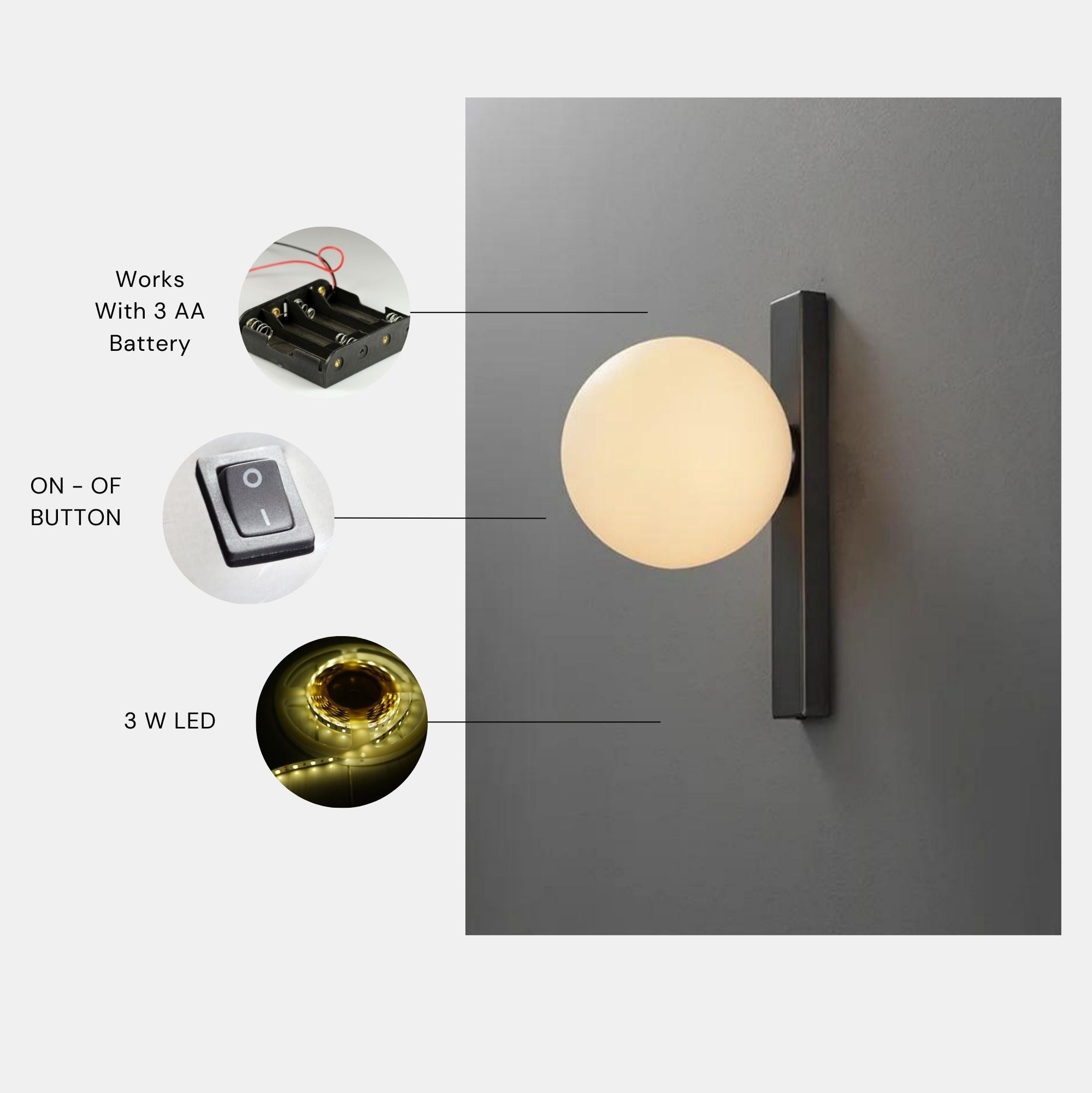 Candeeiro de Parede – 45 cm – Preto e creme – Metal e vidro