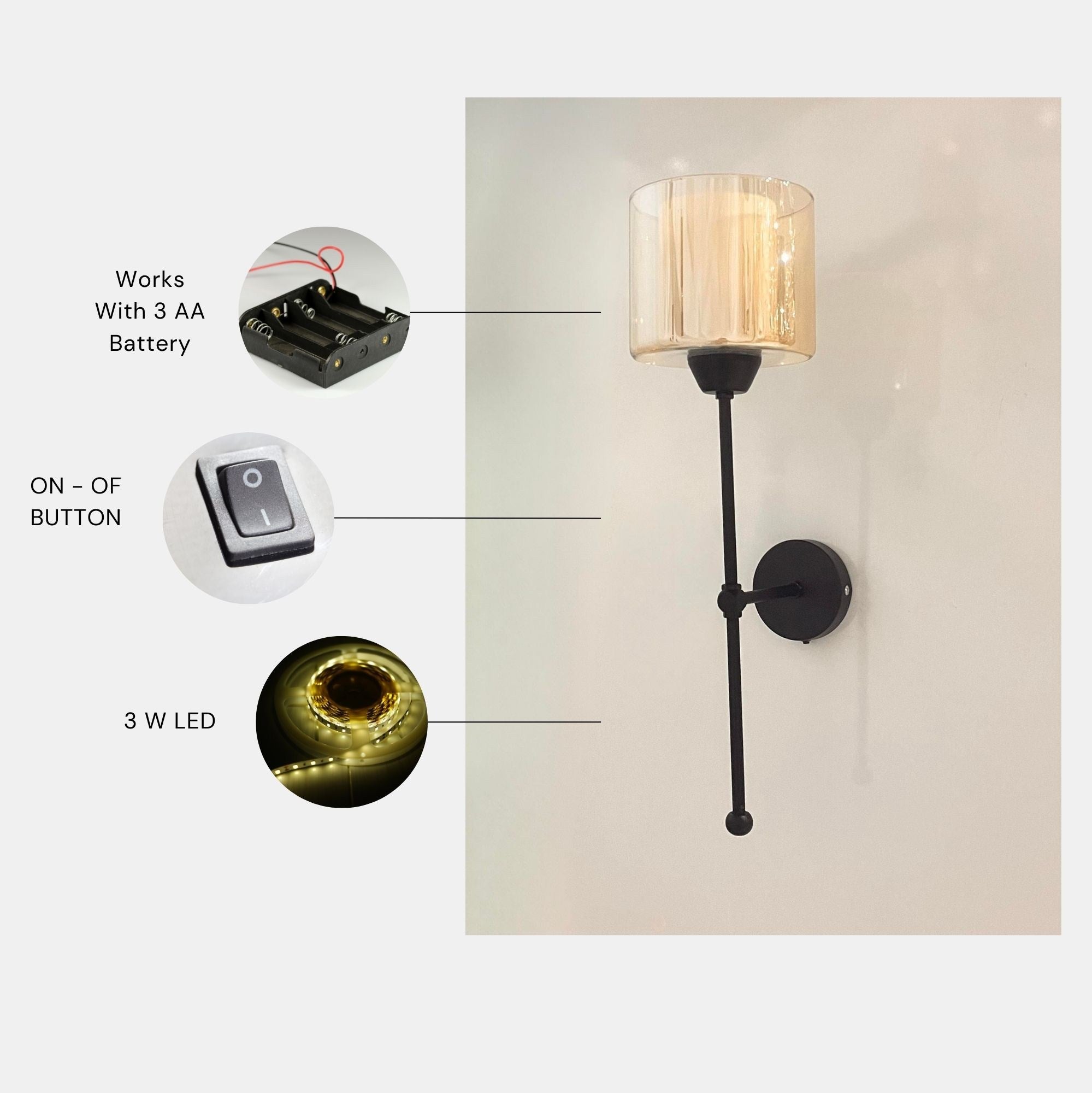 Candeeiro de Parede – 60 cm – Preto e creme – Metal e vidro