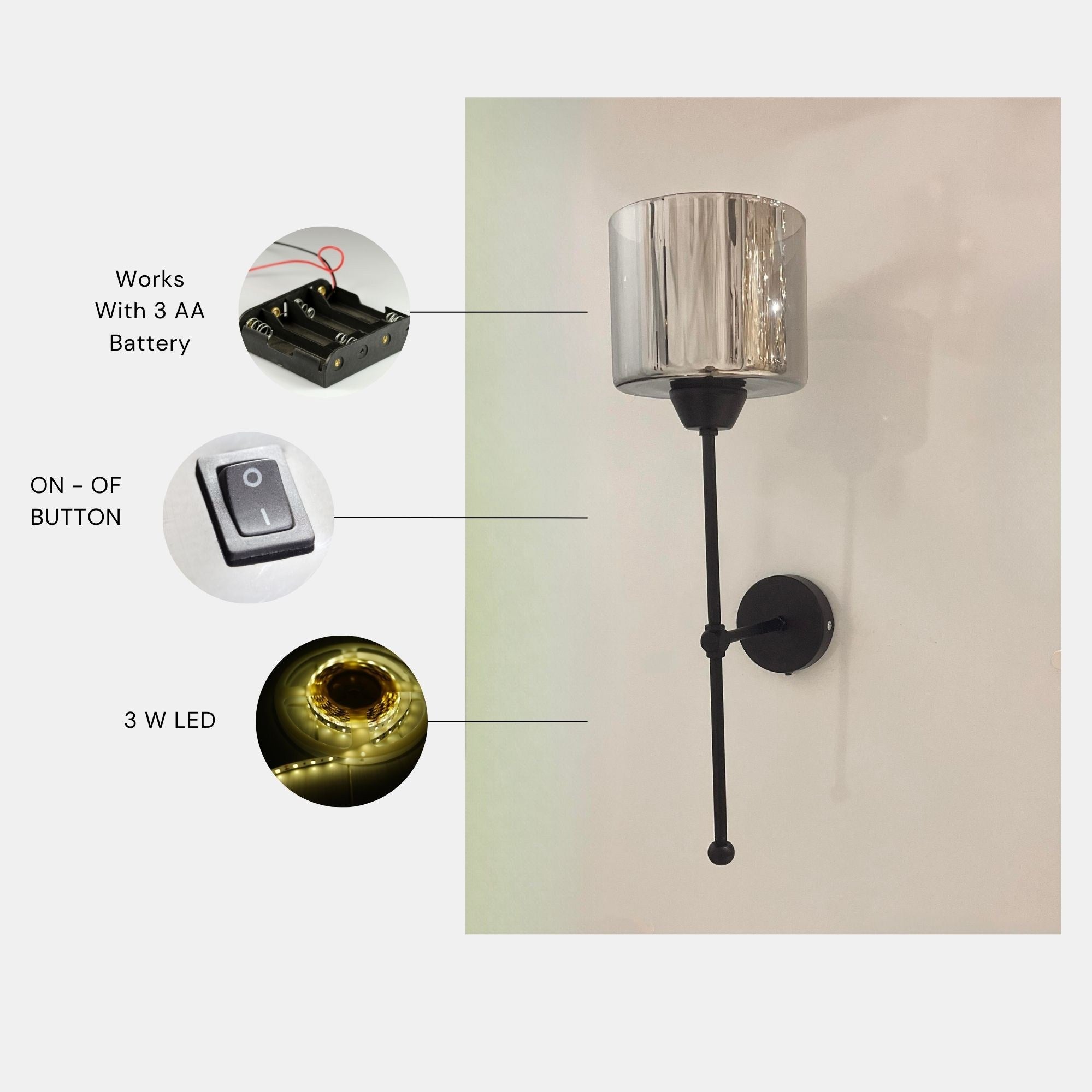 Candeeiro de Parede – 60 cm – Preto – Metal e Vidro