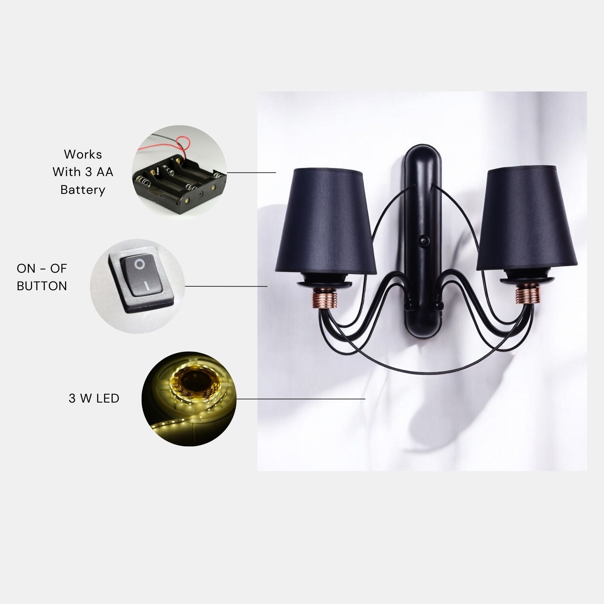 Candeeiro de Parede – 35 cm – Preto – Metal