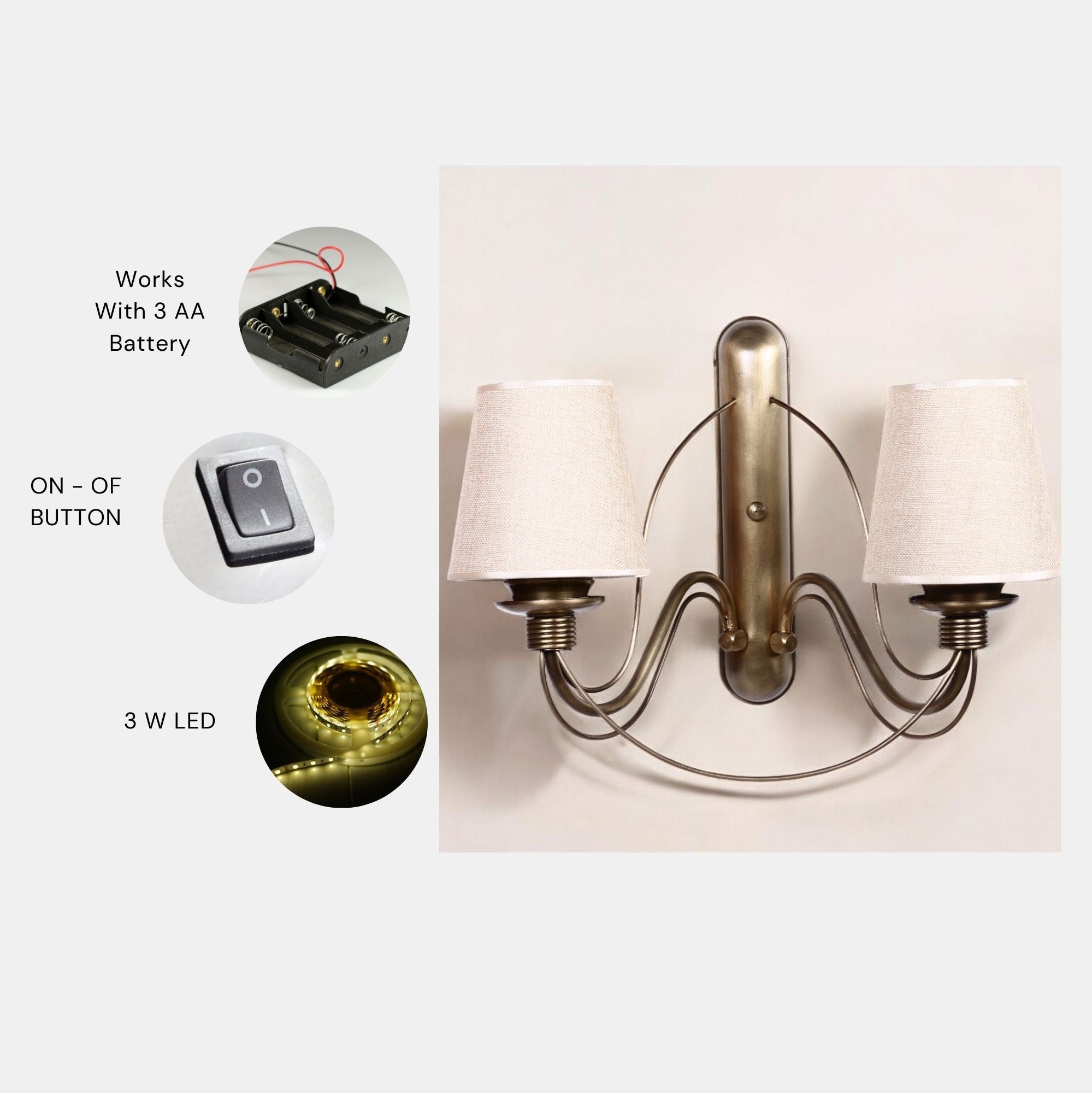 Candeeiro de Parede – 35 cm – Dourado, Creme – Metal