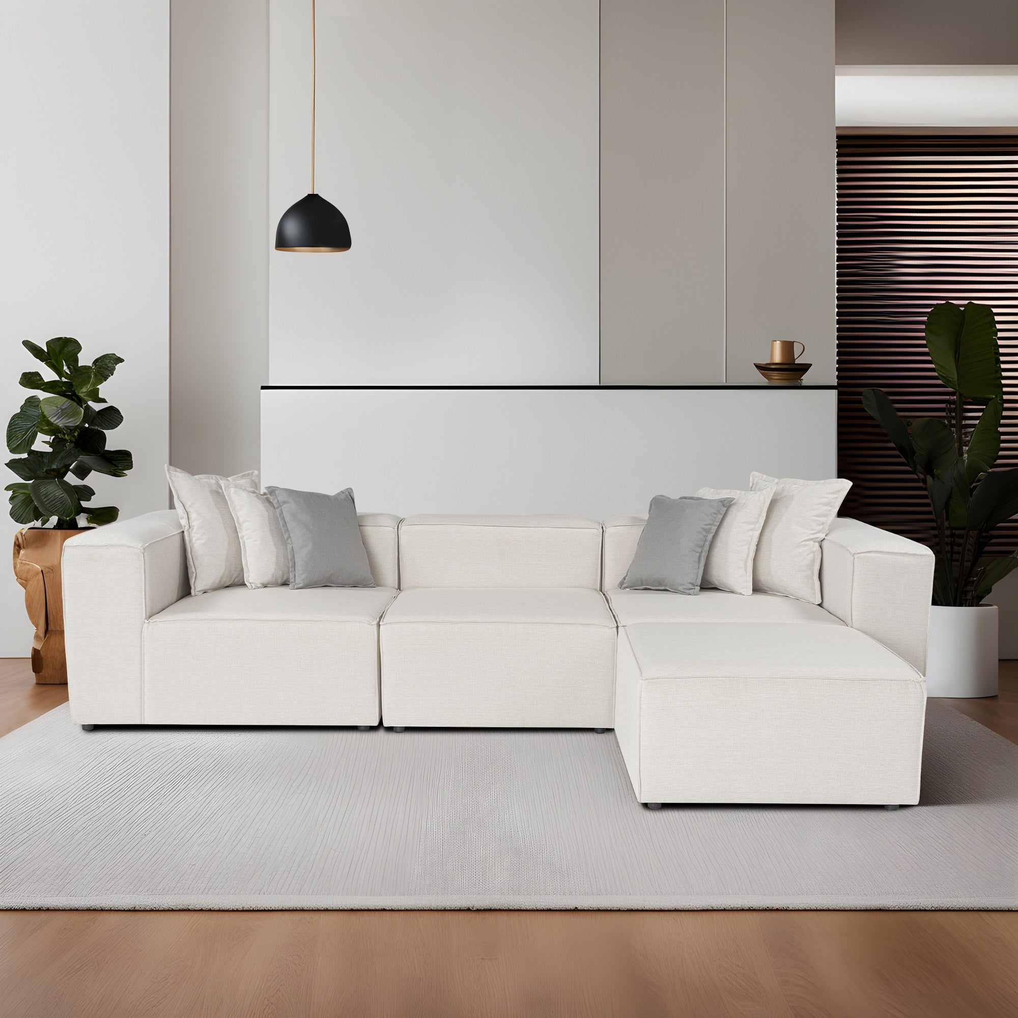 Sofá de canto elegante em cru, 68 cm x 300 cm x 107 cm | Estrutura durável em madeira de carpa e compensado, tecido 100% linho, espuma confortável de 32 DNS | Essencial para sala de estar moderna