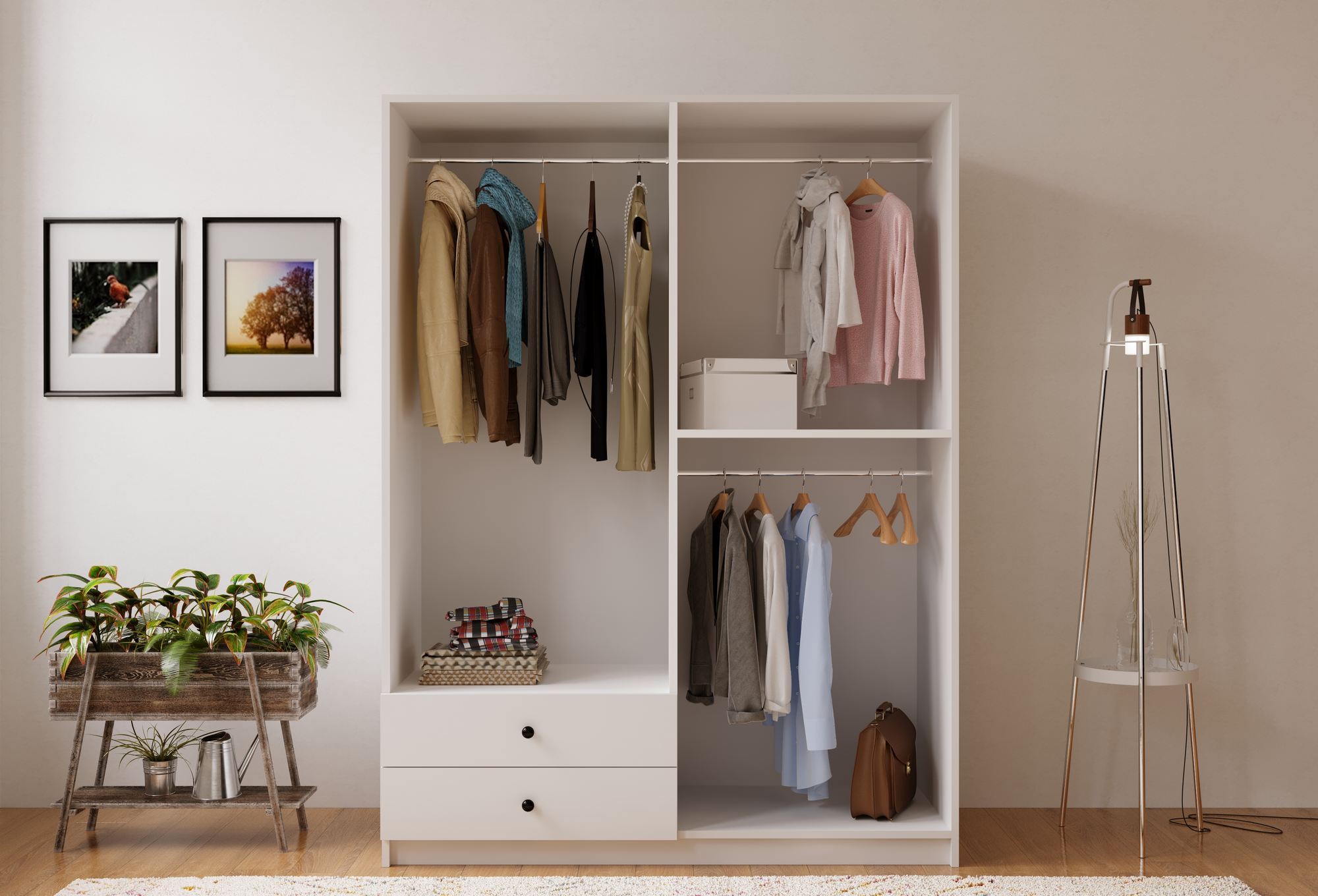 Guarda-roupa – 120 cm largura, 180 cm altura, 45 cm profundidade – Branco fosco – Aglomerado de melamina