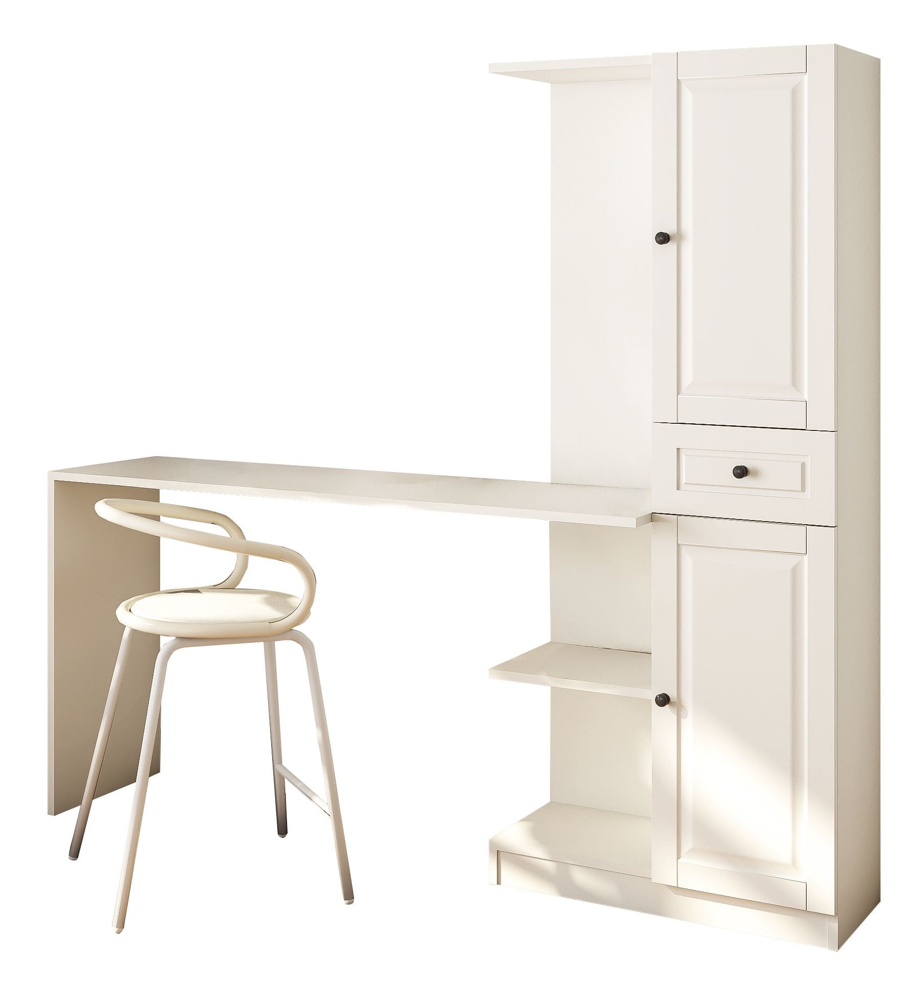 Secretária de Estudo e Estante – 120cm largura, 75cm altura, 40cm profundidade, 66,6cm largura da estante, 150cm altura da estante, 35cm profundidade da estante – Branco fosco – Aglomerado