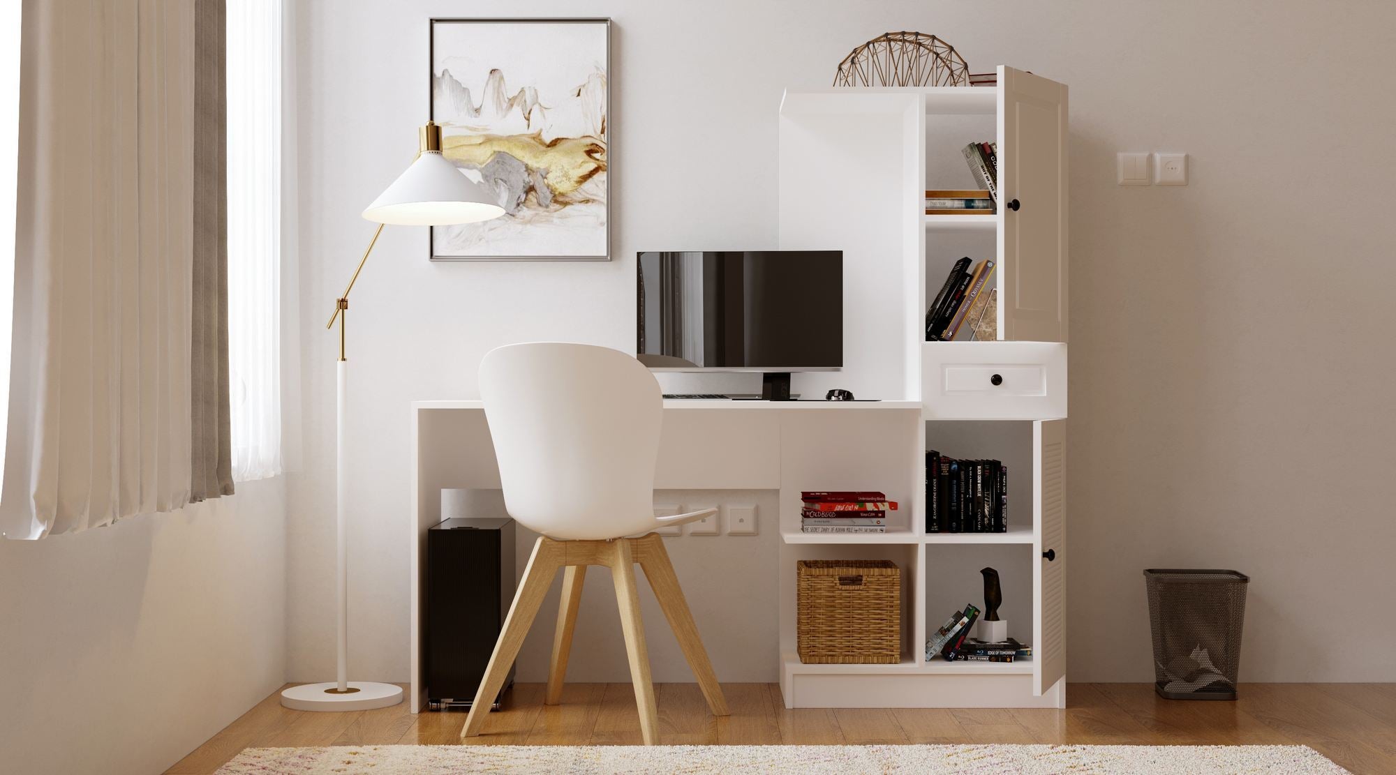 Secretária de Estudo e Estante – 120cm x 75cm x 40cm – Branco Fosco – Aglomerado