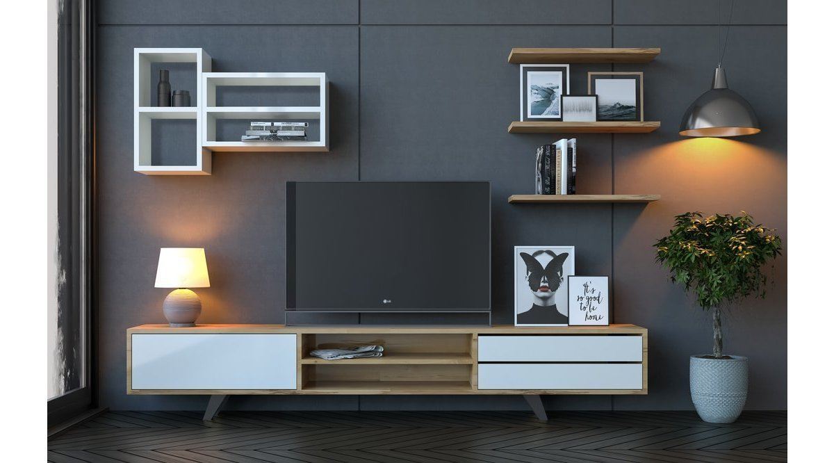 Estante para TV – 180 cm x 45 cm x 40 cm – Branco e Carvalho – MDF