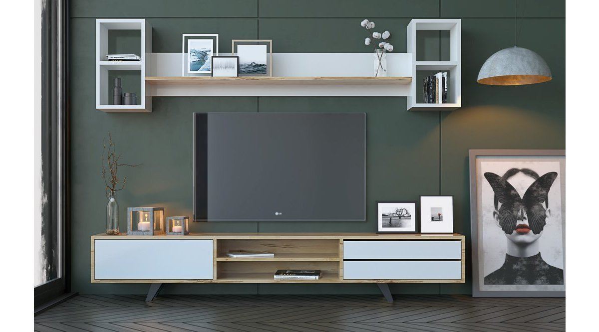 Estante para TV – 180cm x 45cm x 40cm – Branco e Carvalho – MDF