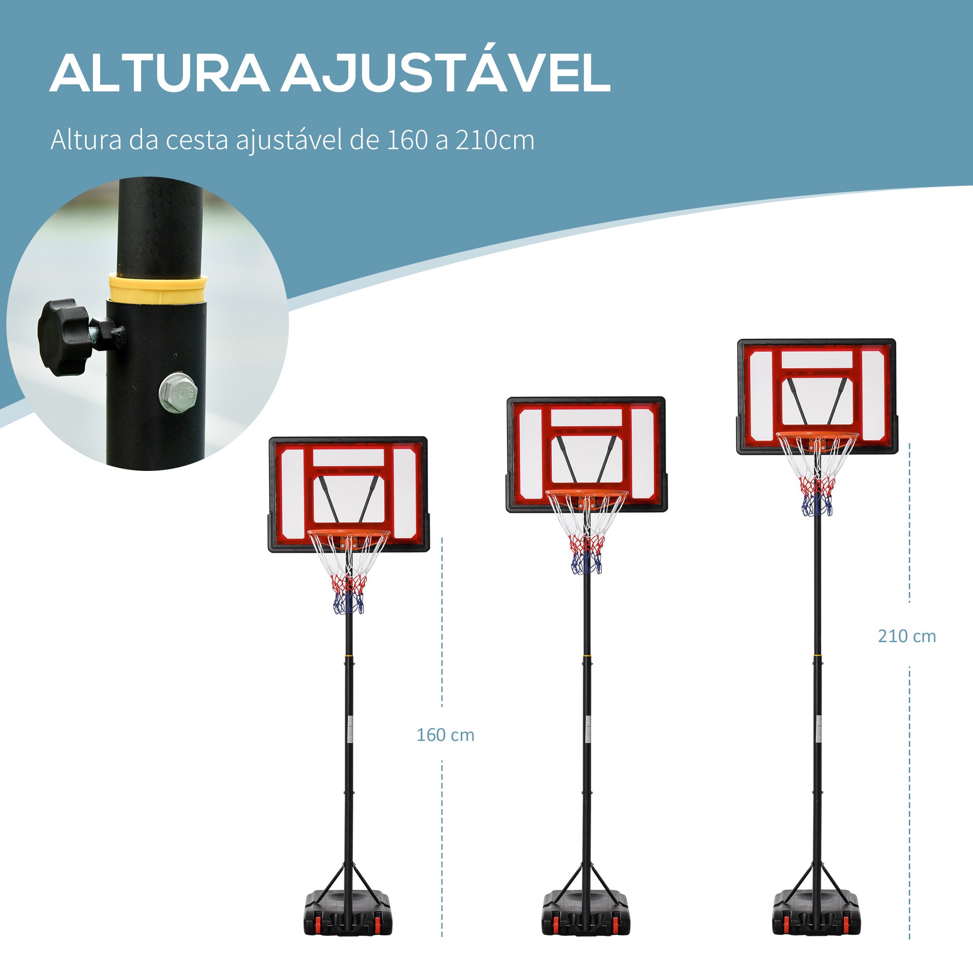 Tabela de Basquetebol Ajustável 160-210cm Preto e Vermelho