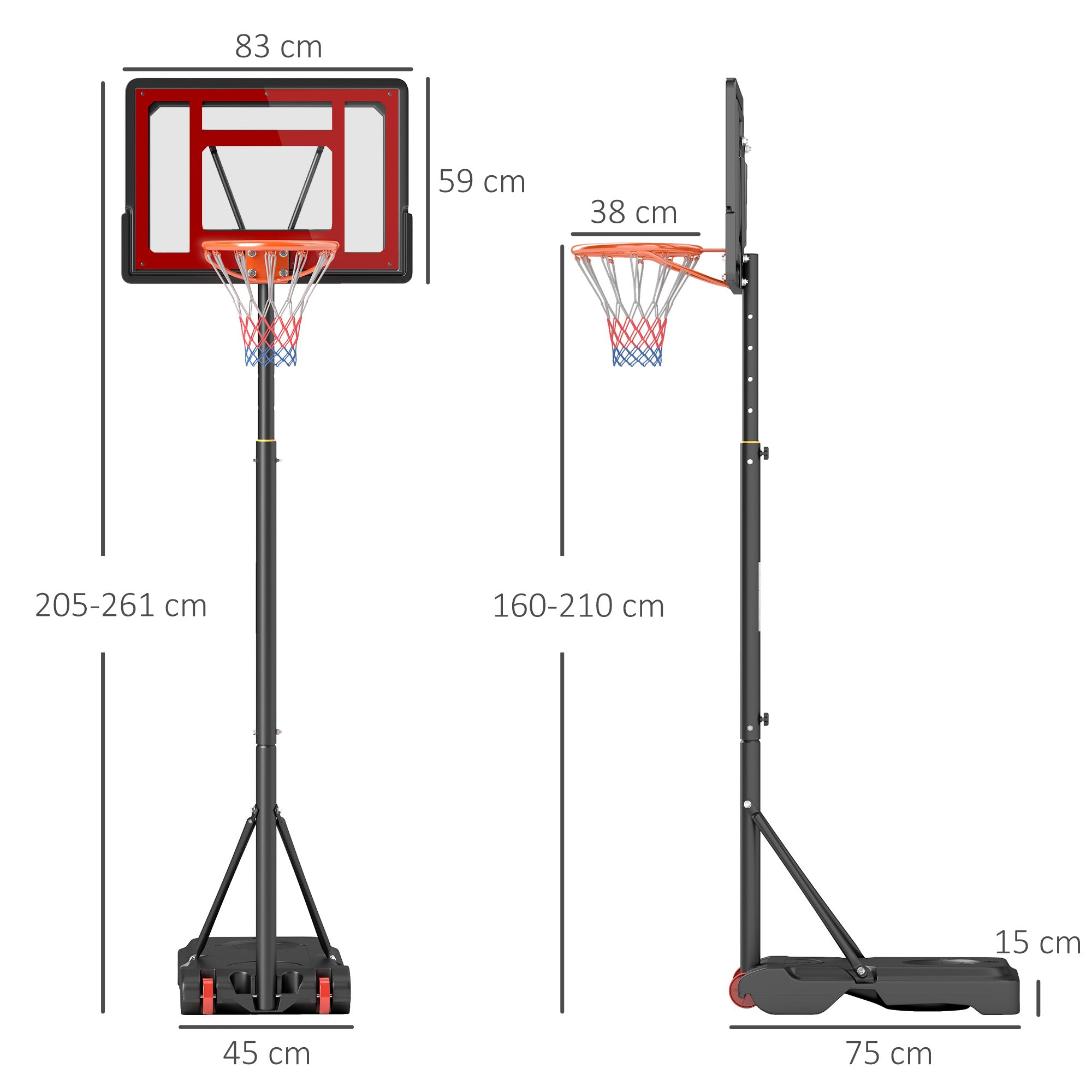 Tabela de Basquetebol Ajustável 160-210cm Preto e Vermelho