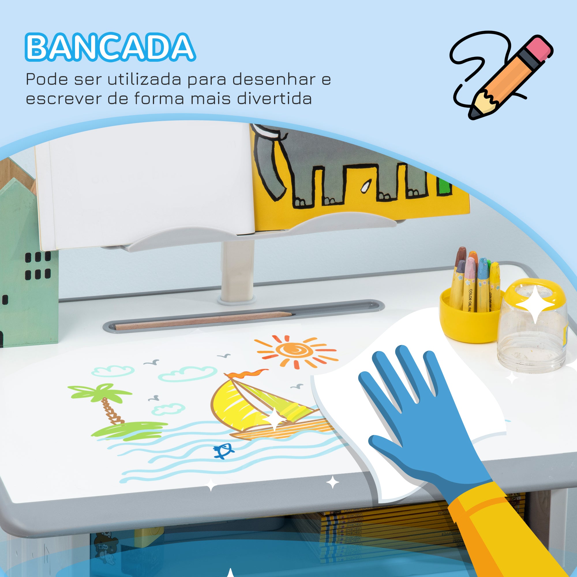 Conjunto de Secretária e Cadeira – 60x45x90-120 cm – Cinzento – PP, MDF e aço