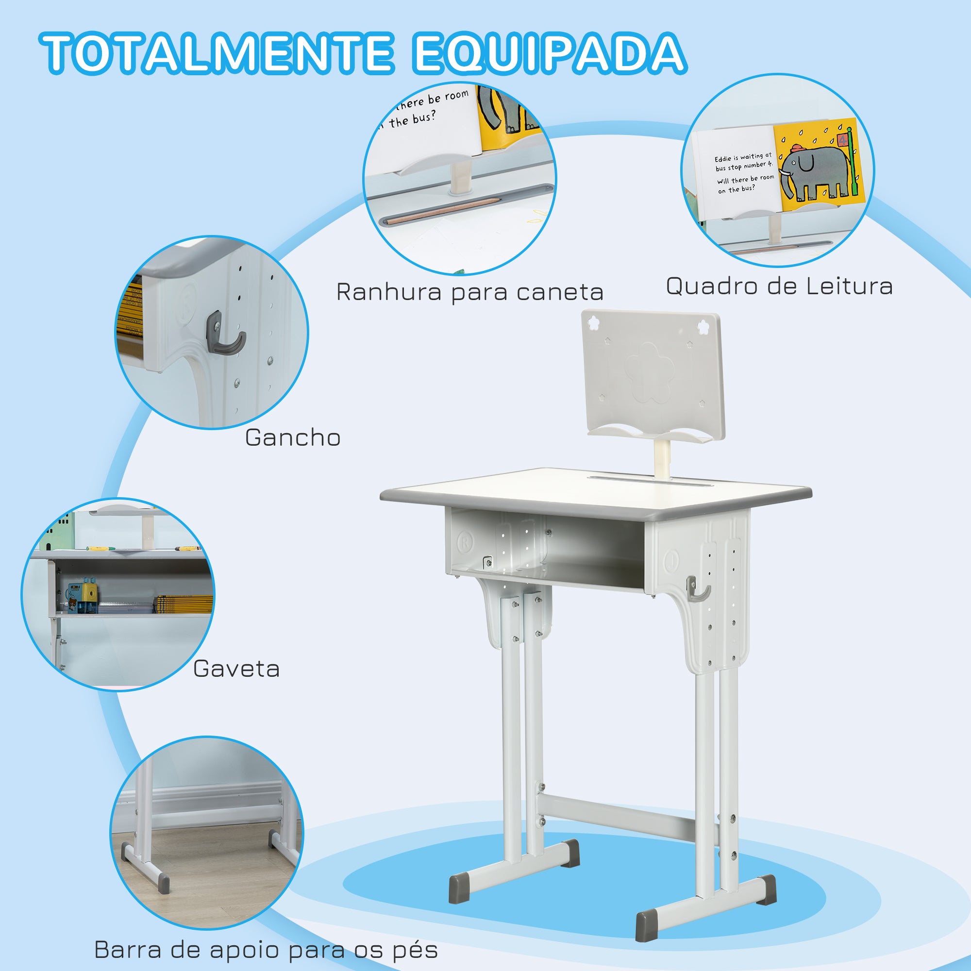 Conjunto de Secretária e Cadeira – 60x45x90-120 cm – Cinzento – PP, MDF e aço