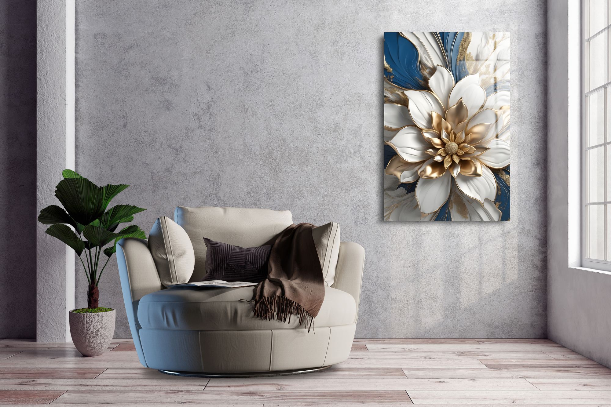 Serenidade Dourada – Quadro Decorativo em Vidro Acrílico Óptico (3 mm), Multicolor, 66 x 99 cm