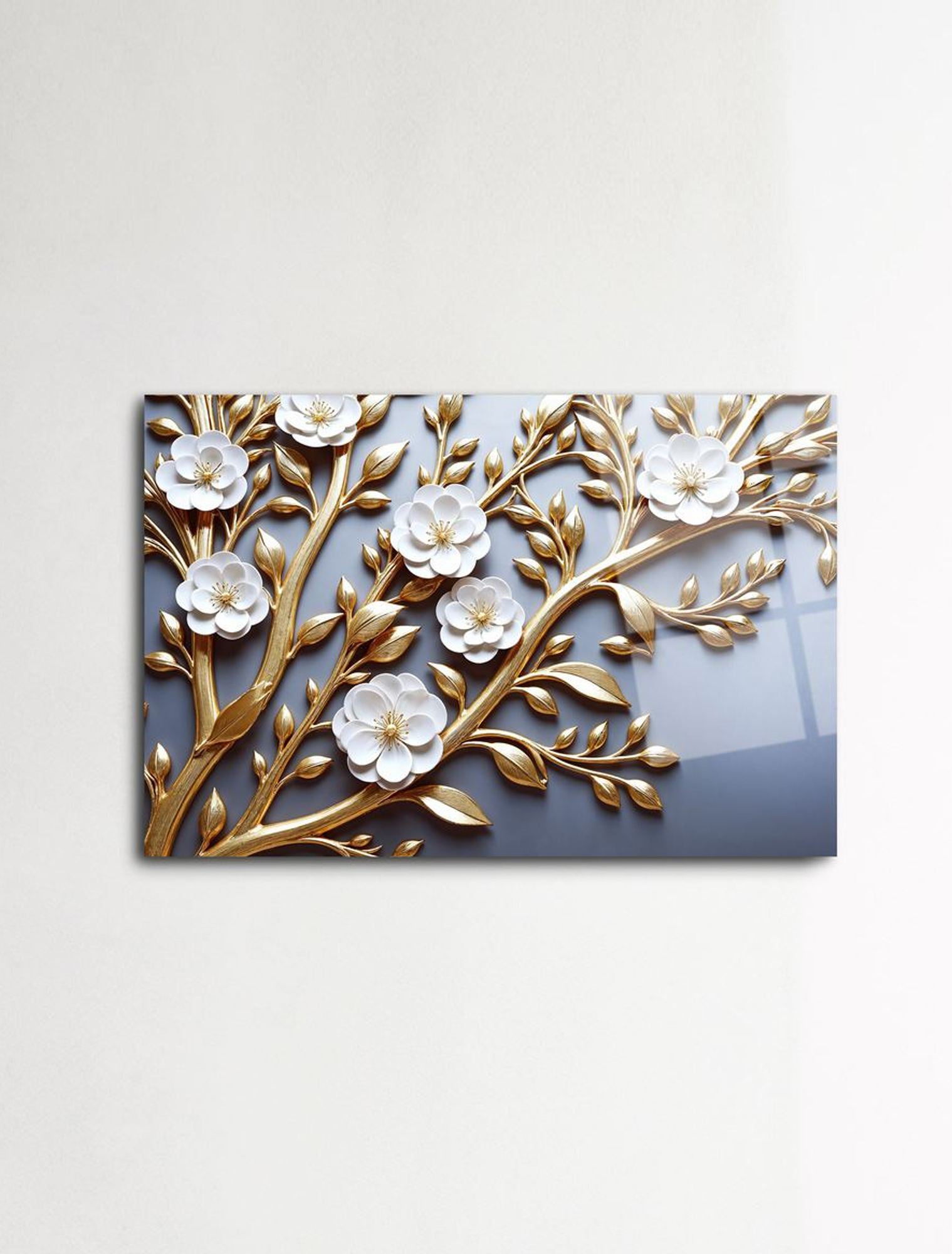 Golden Blossoms – Quadro Decorativo em Vidro Acrílico 44x66 cm, Multicolor (Grau Óptico 100%)