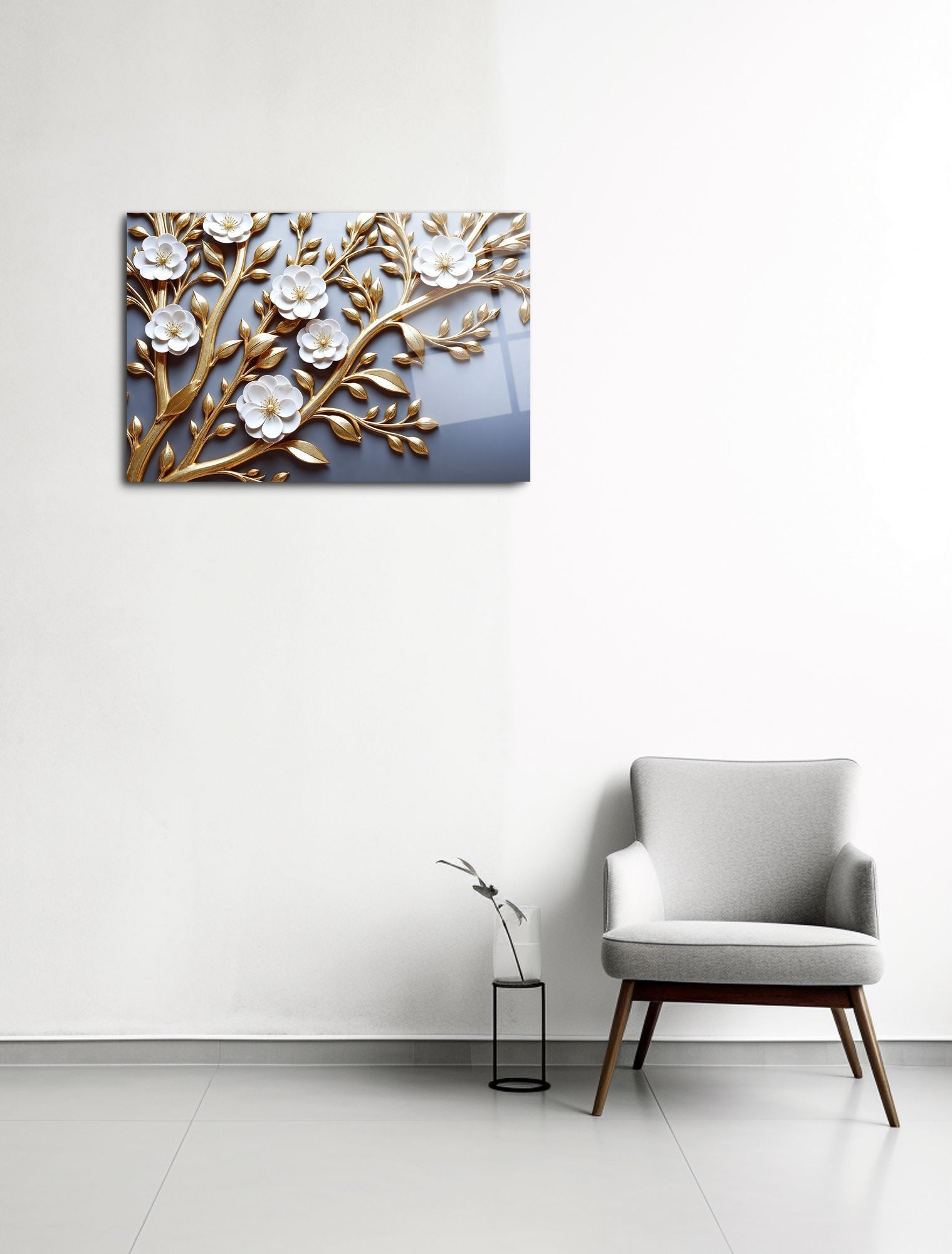 Golden Blossoms – Quadro Decorativo em Vidro Acrílico 44x66 cm, Multicolor (Grau Óptico 100%)