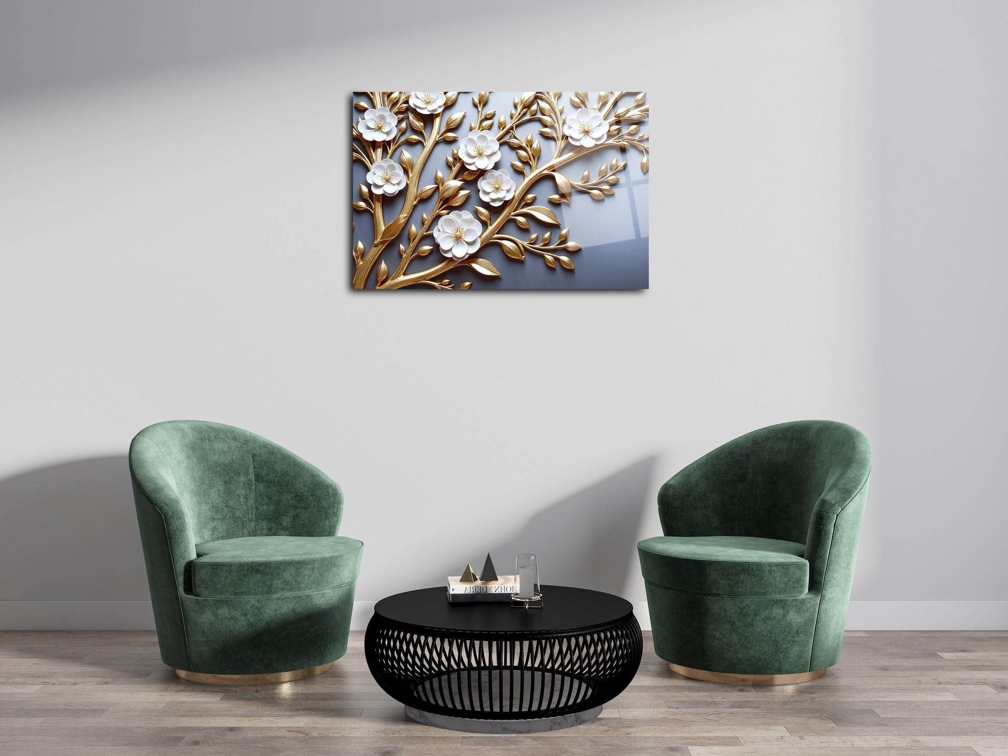 Golden Blossoms – Quadro Decorativo em Vidro Acrílico 44x66 cm, Multicolor (Grau Óptico 100%)