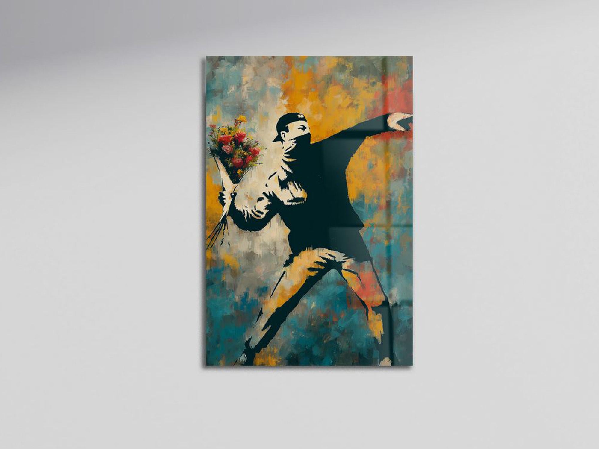 Banksy Flower Protest — Quadro Decorativo em Vidro Acrílico Ótico 3 mm, Multicolor, 44 x 66 cm