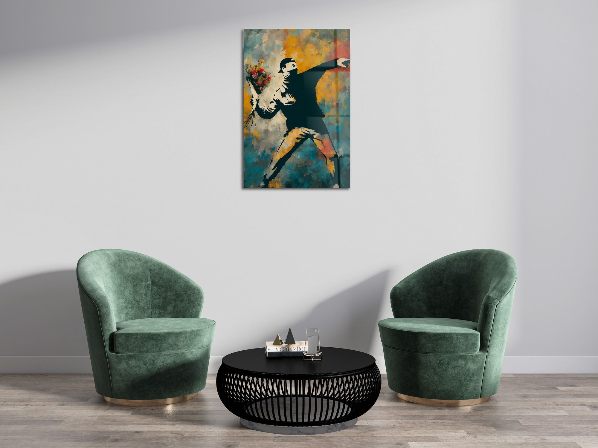 Banksy Flower Protest — Quadro Decorativo em Vidro Acrílico Ótico 3 mm, Multicolor, 44 x 66 cm